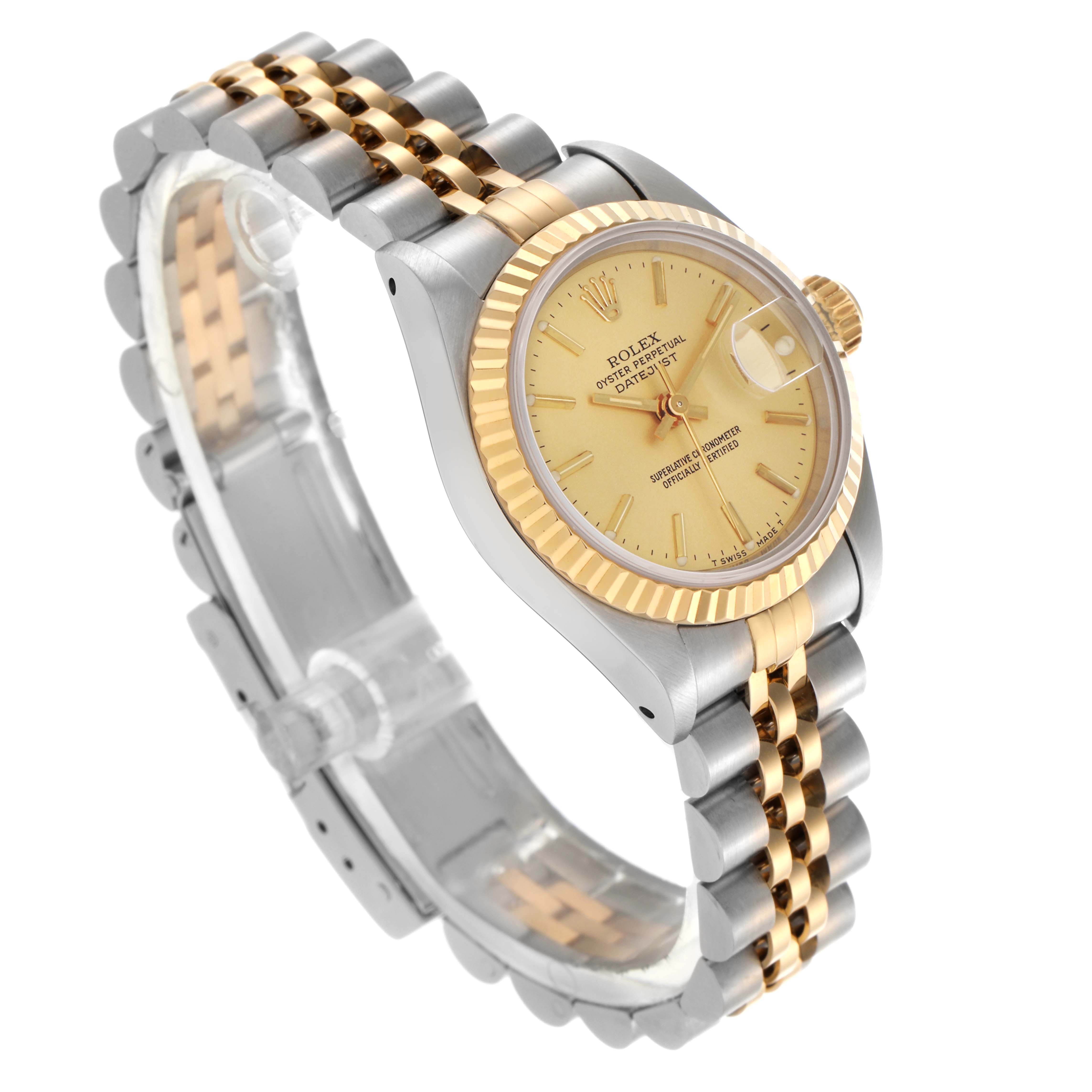 The Rolex Datejust 69173 Women
s Steel and Gold (two tone) Champagne Dial 69173 Women
s Steel and Gold (two tone) Champagne Dial is shown from a three-quarter angle, highlighting the face, bezel, crown, and part of the bracelet.