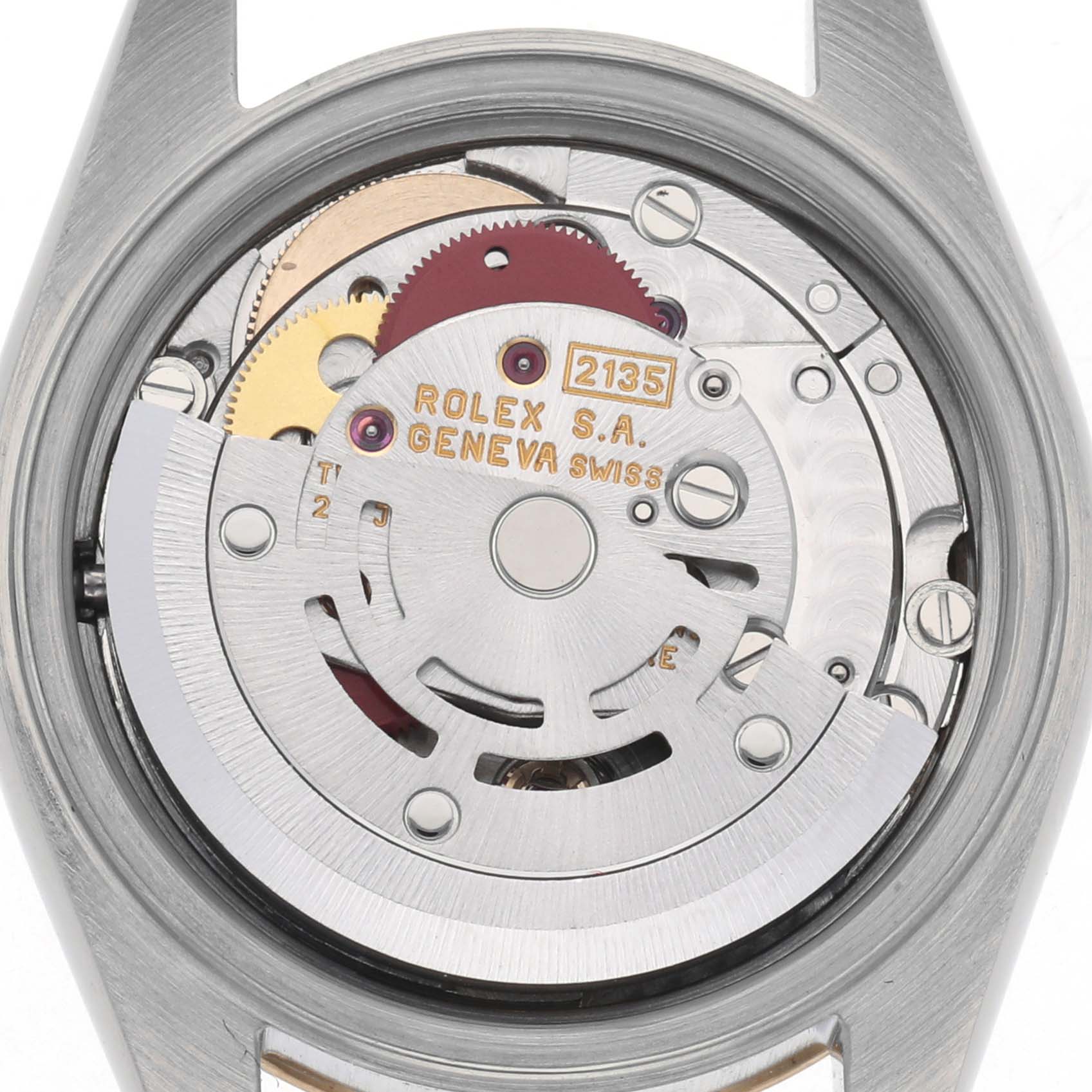 The image shows the movement mechanism of a Rolex Datejust 69173 Women
s Steel and Gold (two tone) Champagne Dial 69173 Women
s Steel and Gold (two tone) Champagne Dial watch from a top view, detailing its intricate components.
