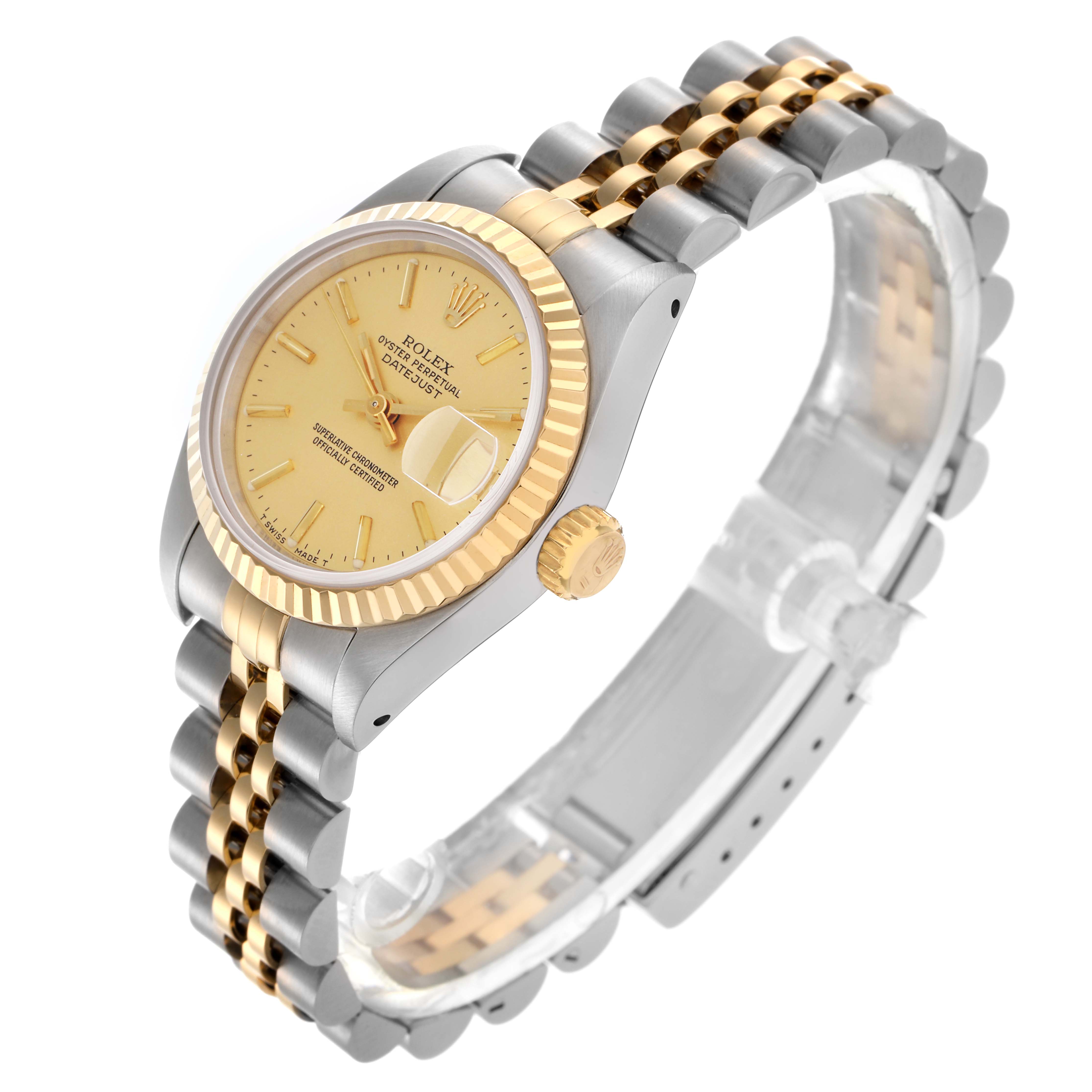 The Rolex Datejust 69173 Women
s Steel and Gold (two tone) Champagne Dial 69173 Women
s Steel and Gold (two tone) Champagne Dial watch is shown at a slight angle, highlighting the dial, bezel, crown, and two-tone bracelet.