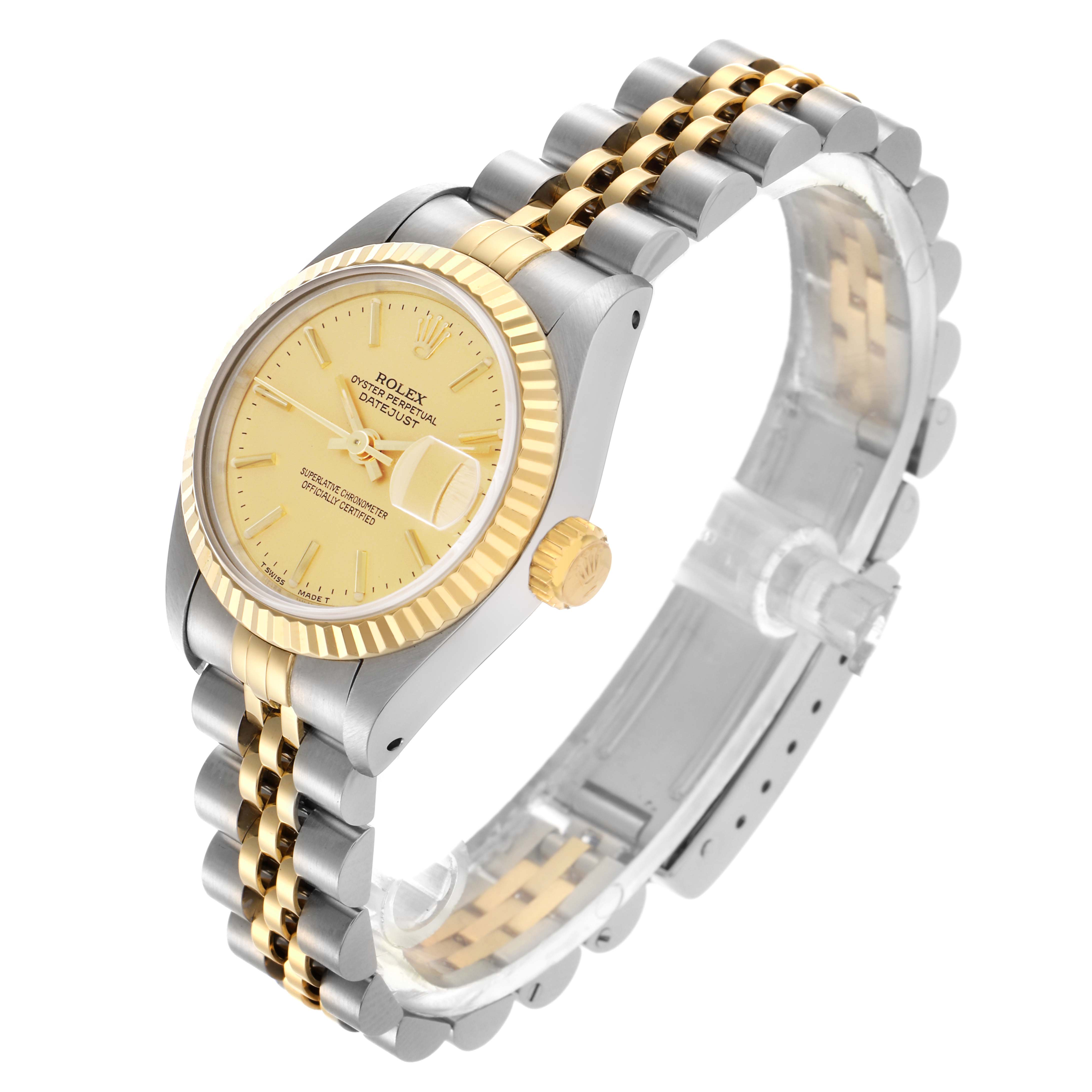 The Rolex Datejust 69173 Women
s Steel and Gold (two tone) Champagne Dial 69173 Women
s Steel and Gold (two tone) Champagne Dial watch is shown from an angled side view, highlighting the gold bezel, dial, crown, and two-tone bracelet.