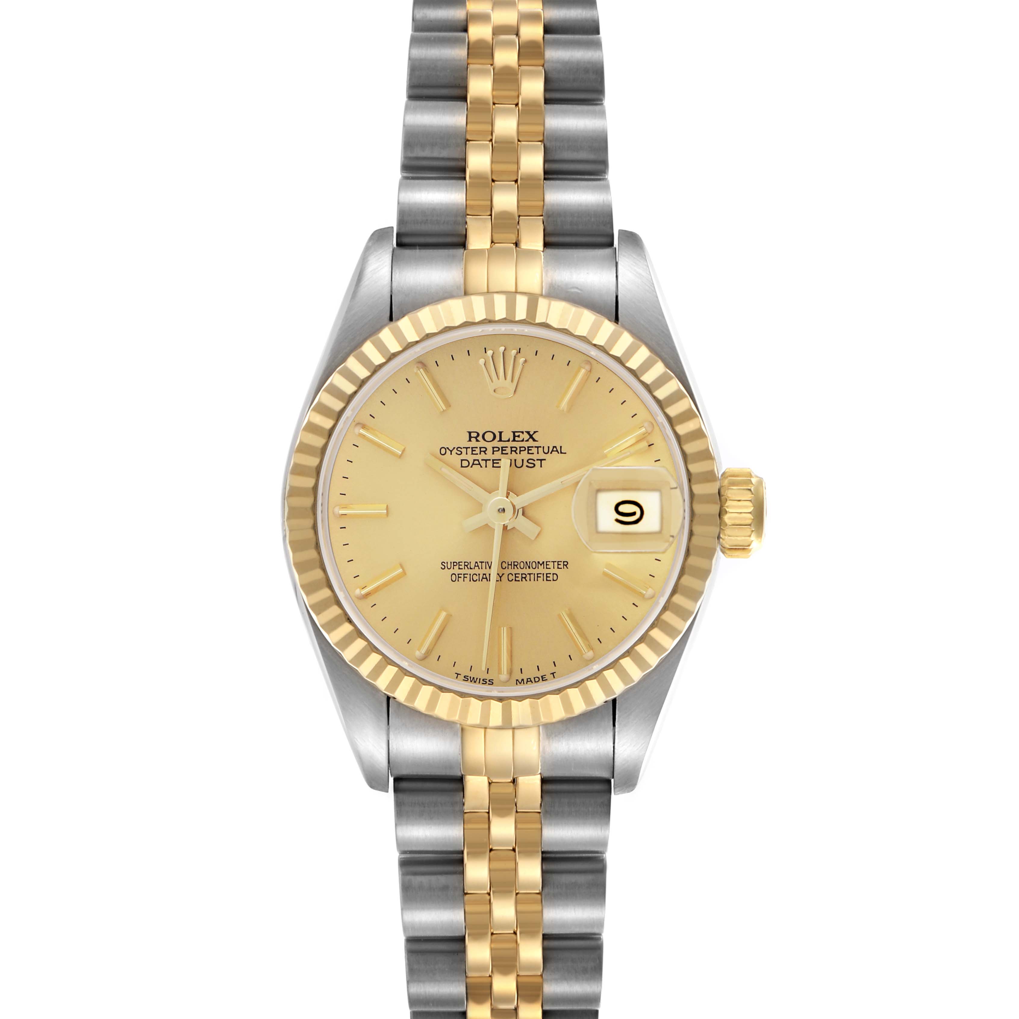 The Rolex Datejust 69173 Women
s Steel and Gold (two tone) Champagne Dial 69173 Women
s Steel and Gold (two tone) Champagne Dial watch is shown front-on, highlighting its gold dial, fluted bezel, date window, and two-tone bracelet.