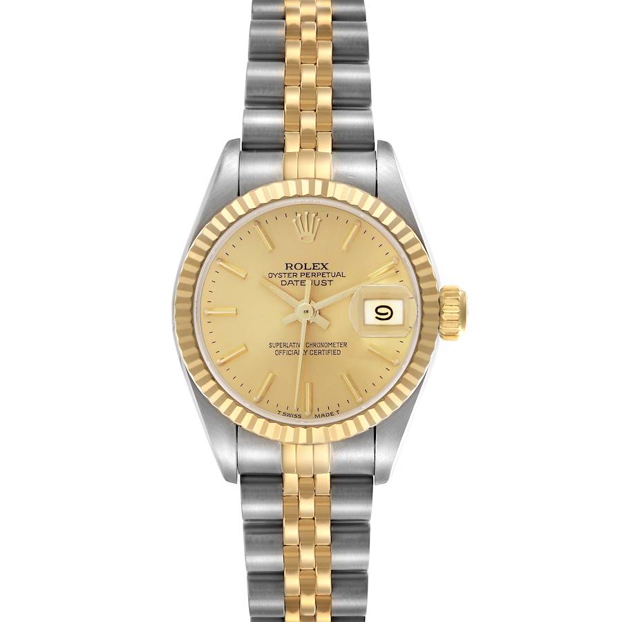 The Rolex Datejust watch is shown front-on, highlighting its gold dial, fluted bezel, date window, and two-tone bracelet.