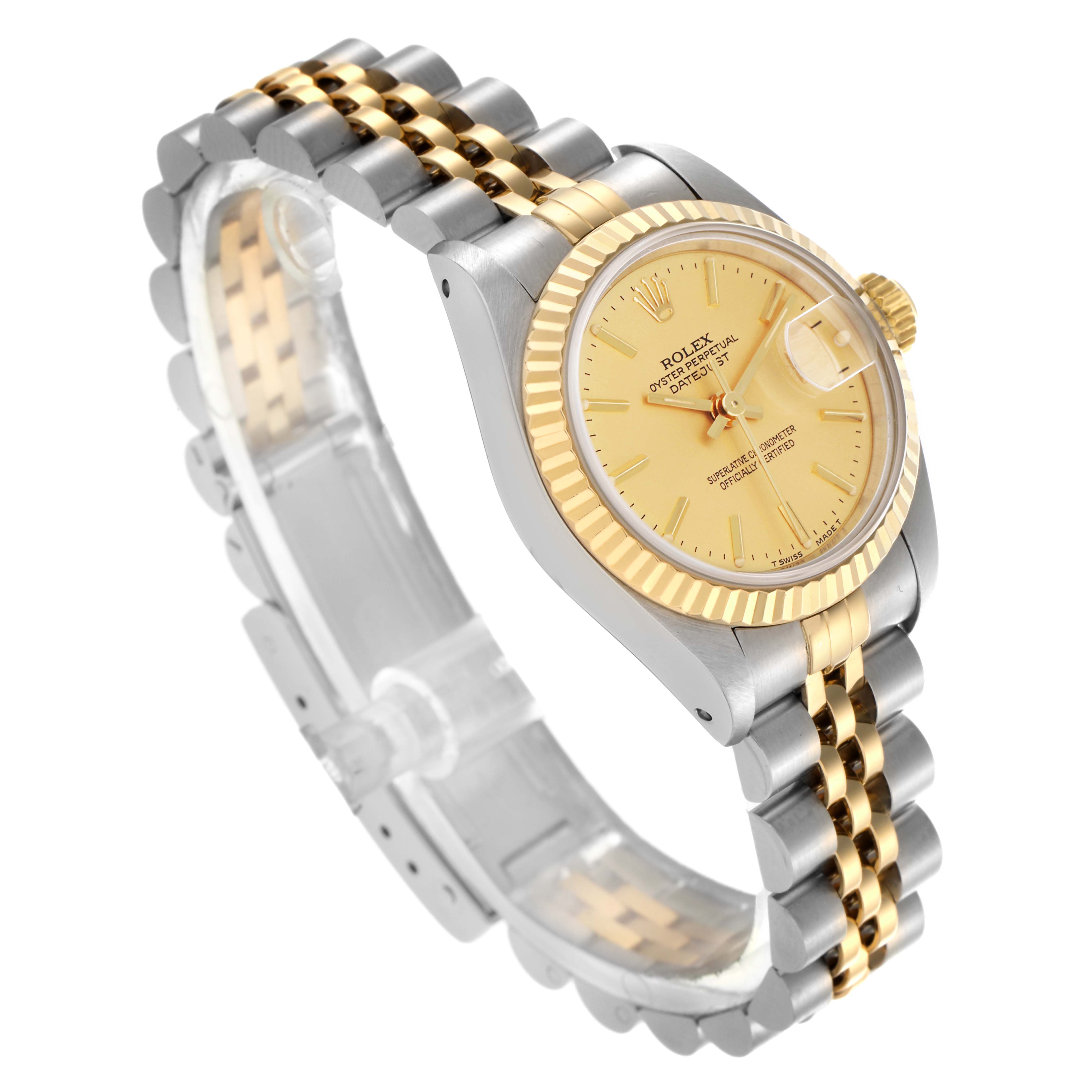 The Rolex Datejust 69173 Women
s Steel and Gold (two tone) Champagne Dial 69173 Women
s Steel and Gold (two tone) Champagne Dial watch is shown at an oblique angle, highlighting the gold bezel, champagne dial, and two-tone bracelet.