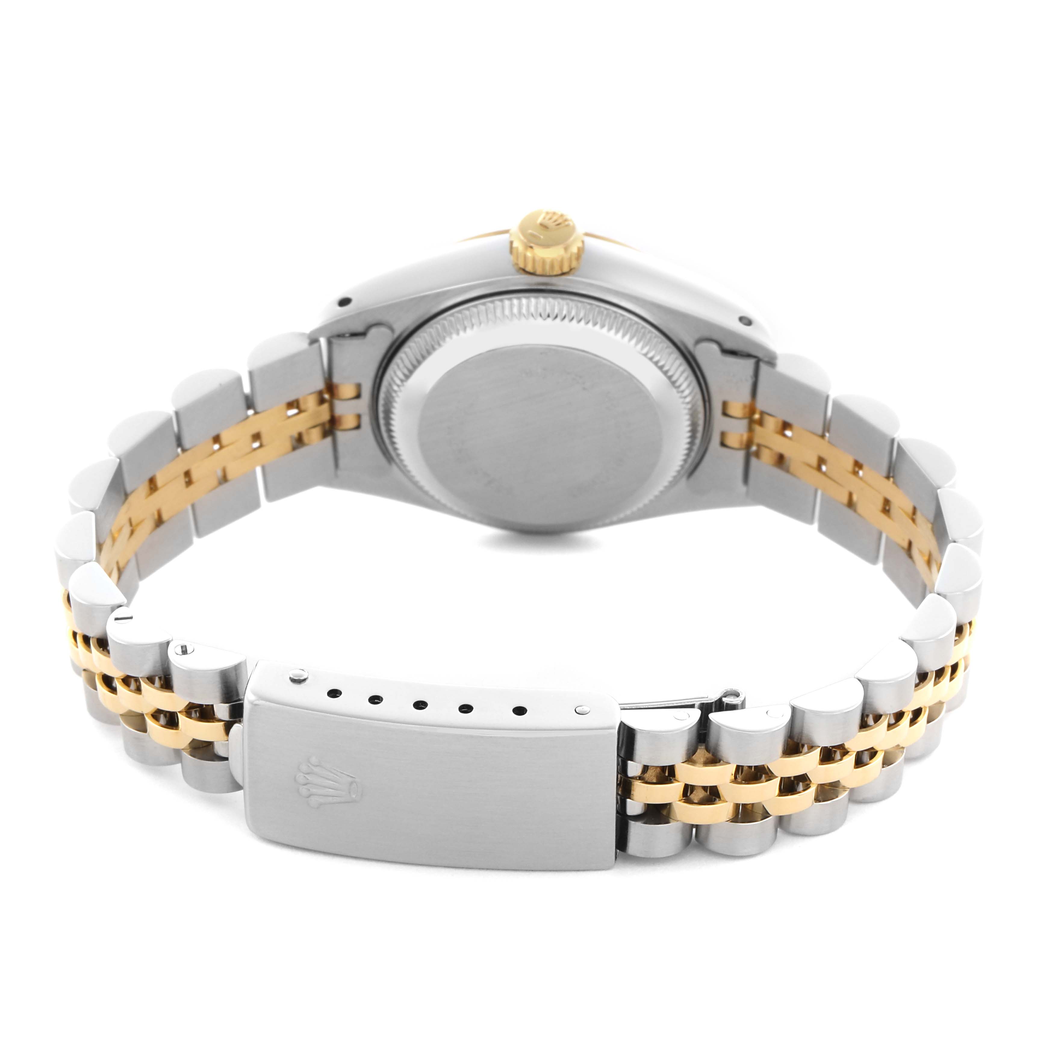 The image shows the back view of a Rolex Datejust 69173 Women
s Steel and Gold (two tone) Champagne Dial 69173 Women
s Steel and Gold (two tone) Champagne Dial, highlighting the case back and two-tone metal bracelet with clasp.
