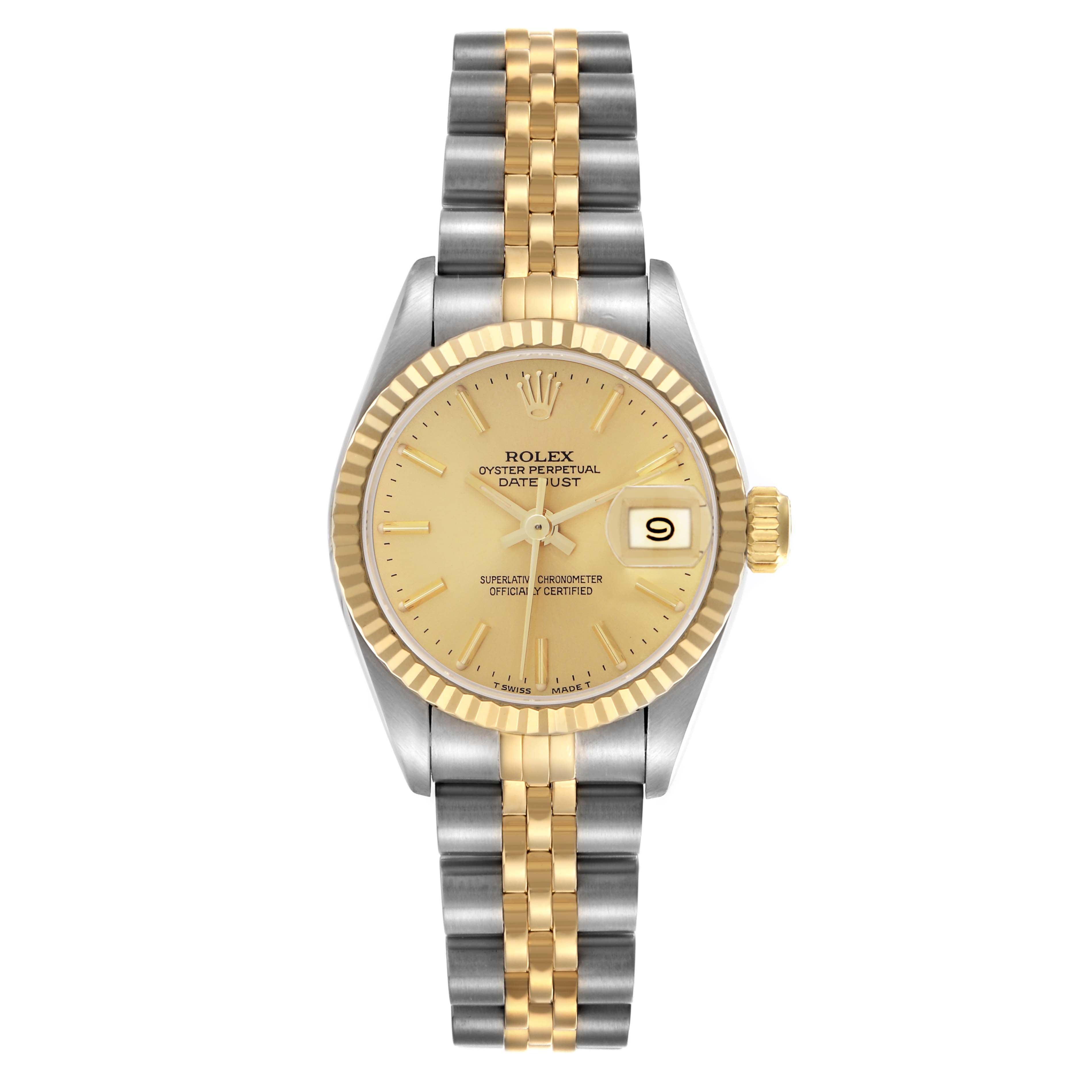 The Rolex Datejust 69173 Women
s Steel and Gold (two tone) Champagne Dial 69173 Women
s Steel and Gold (two tone) Champagne Dial watch is shown from a front angle, displaying the dial, bezel, crown, and Jubilee bracelet.