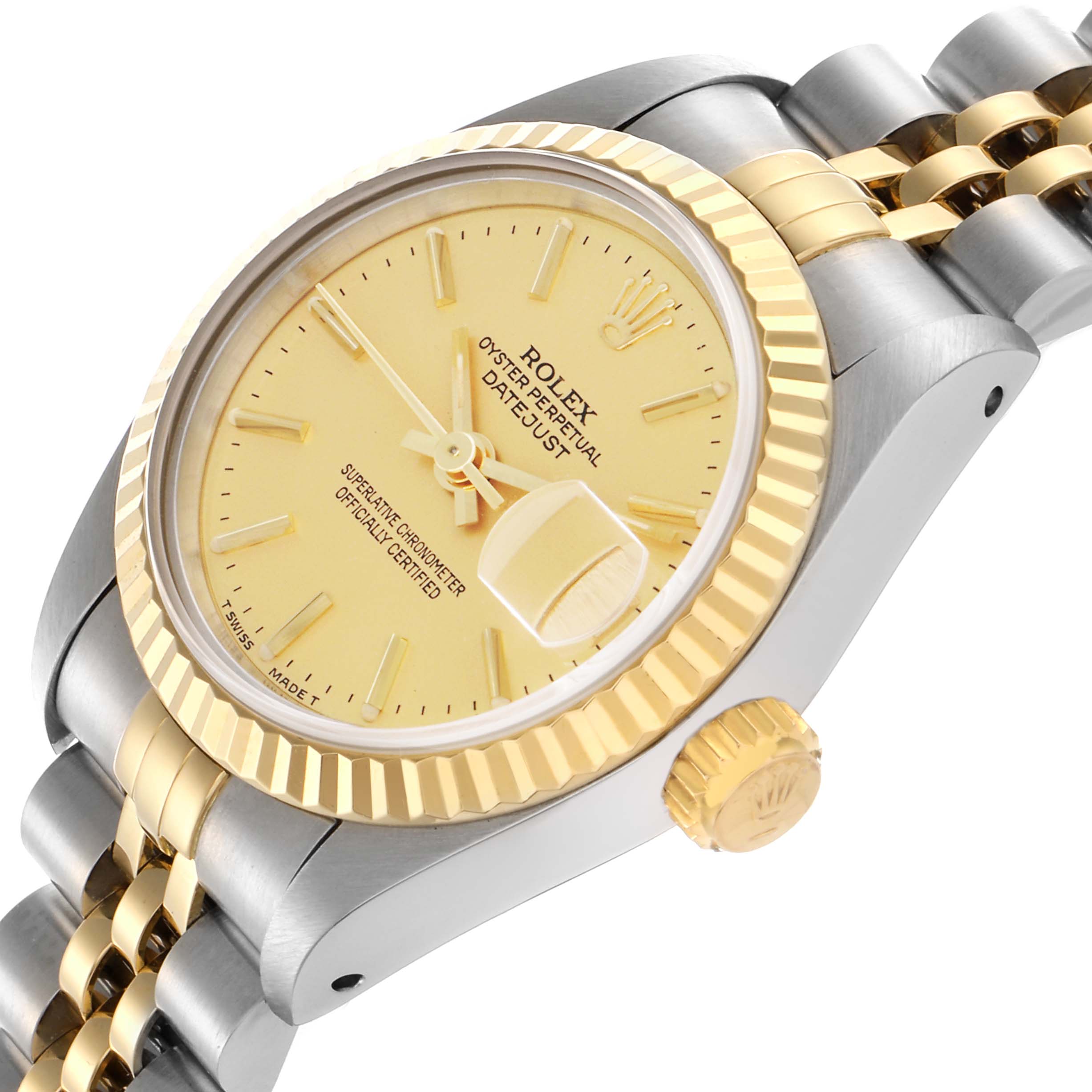 The image shows a Rolex Datejust 69173 Women
s Steel and Gold (two tone) Champagne Dial 69173 Women
s Steel and Gold (two tone) Champagne Dial watch at an angled close-up, displaying the face, bezel, crown, and part of the bracelet.