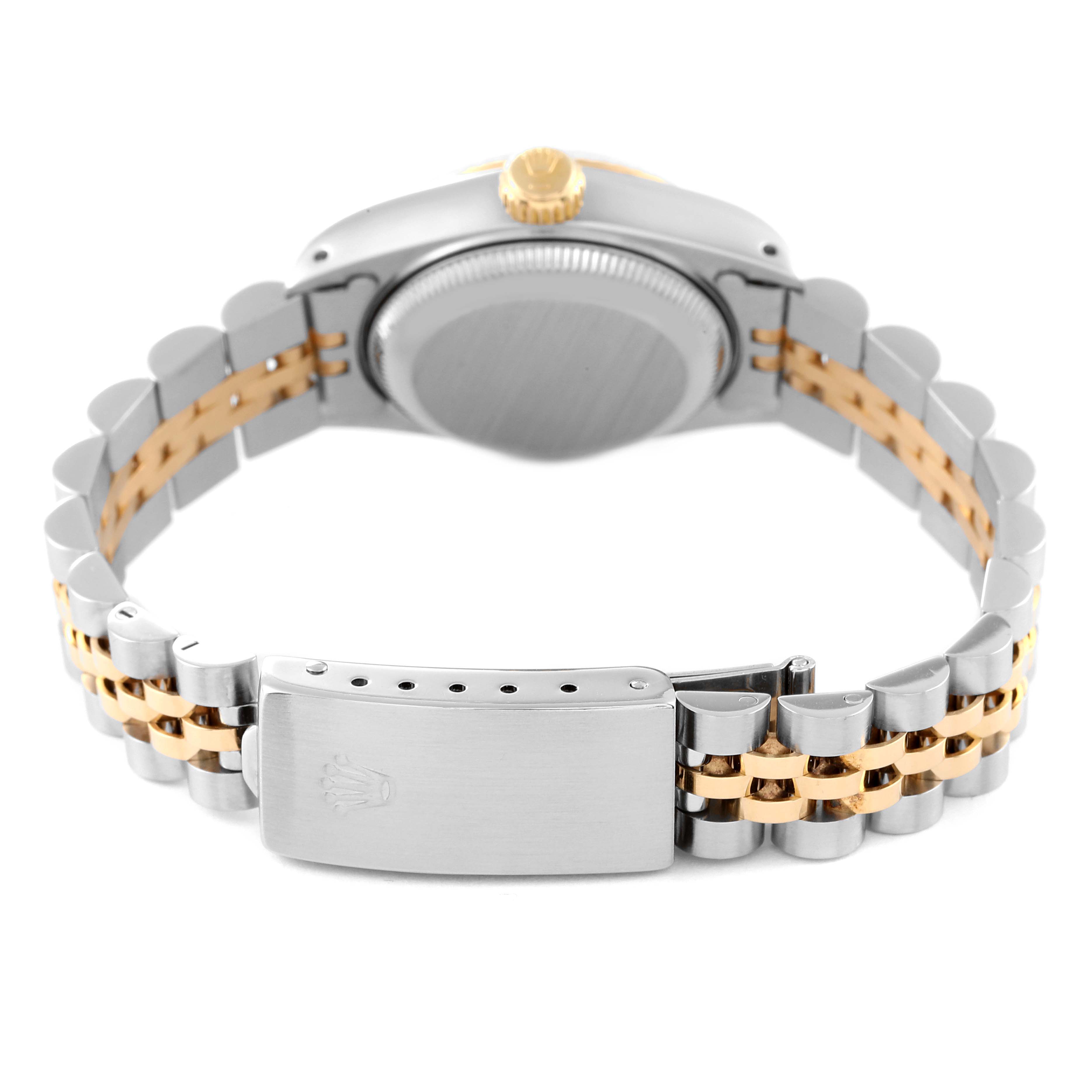 The image shows the back and bracelet of a Rolex Datejust 69173 Women's Steel and Gold (two tone) Beige Dial 69173 Women's Steel and Gold (two tone) Beige Dial watch, highlighting its clasp and bi-metal links.