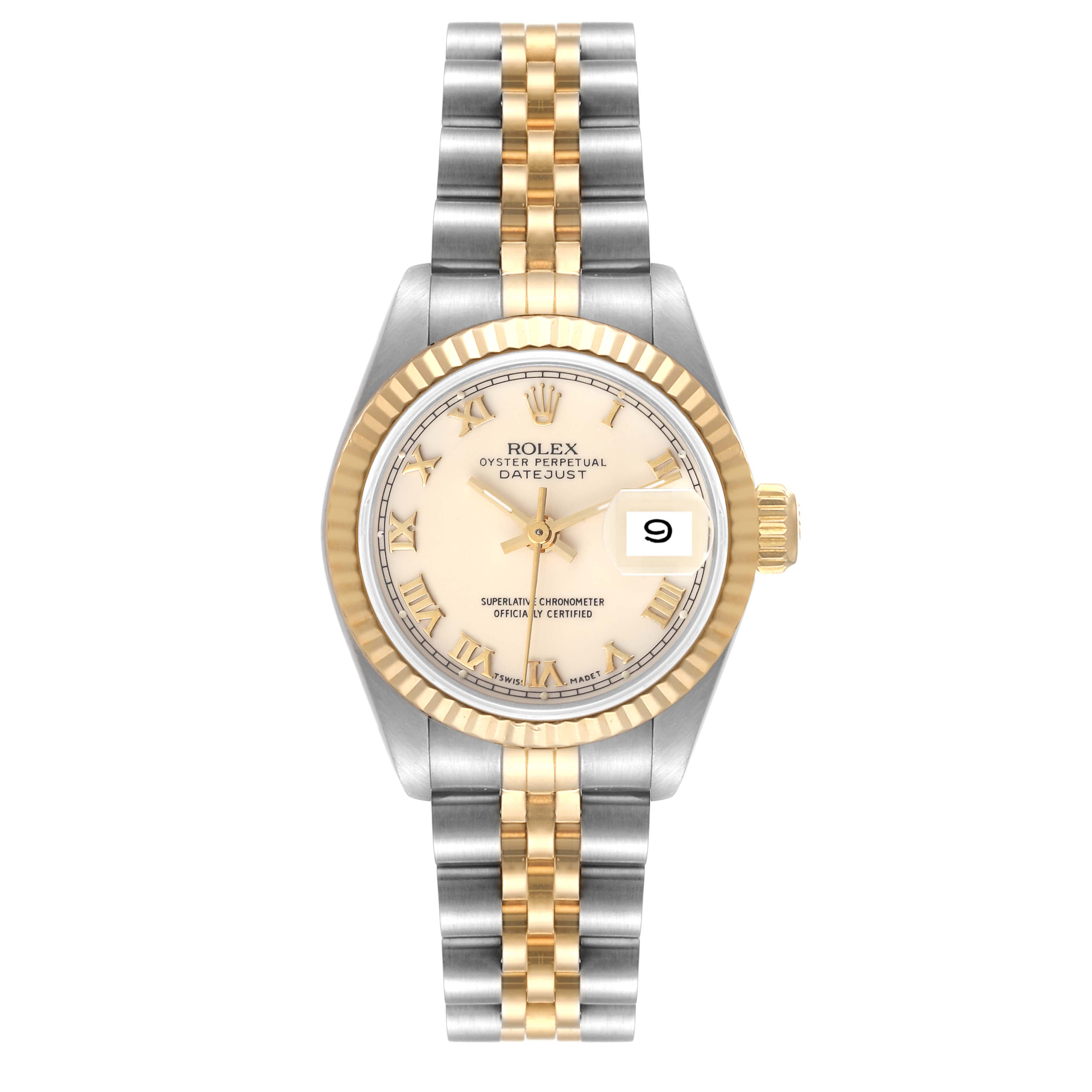 The image shows a Rolex Datejust 69173 Women's Steel and Gold (two tone) Beige Dial 69173 Women's Steel and Gold (two tone) Beige Dial watch from a front view, highlighting its dial, bezel, and Jubilee bracelet in two-tone metal.