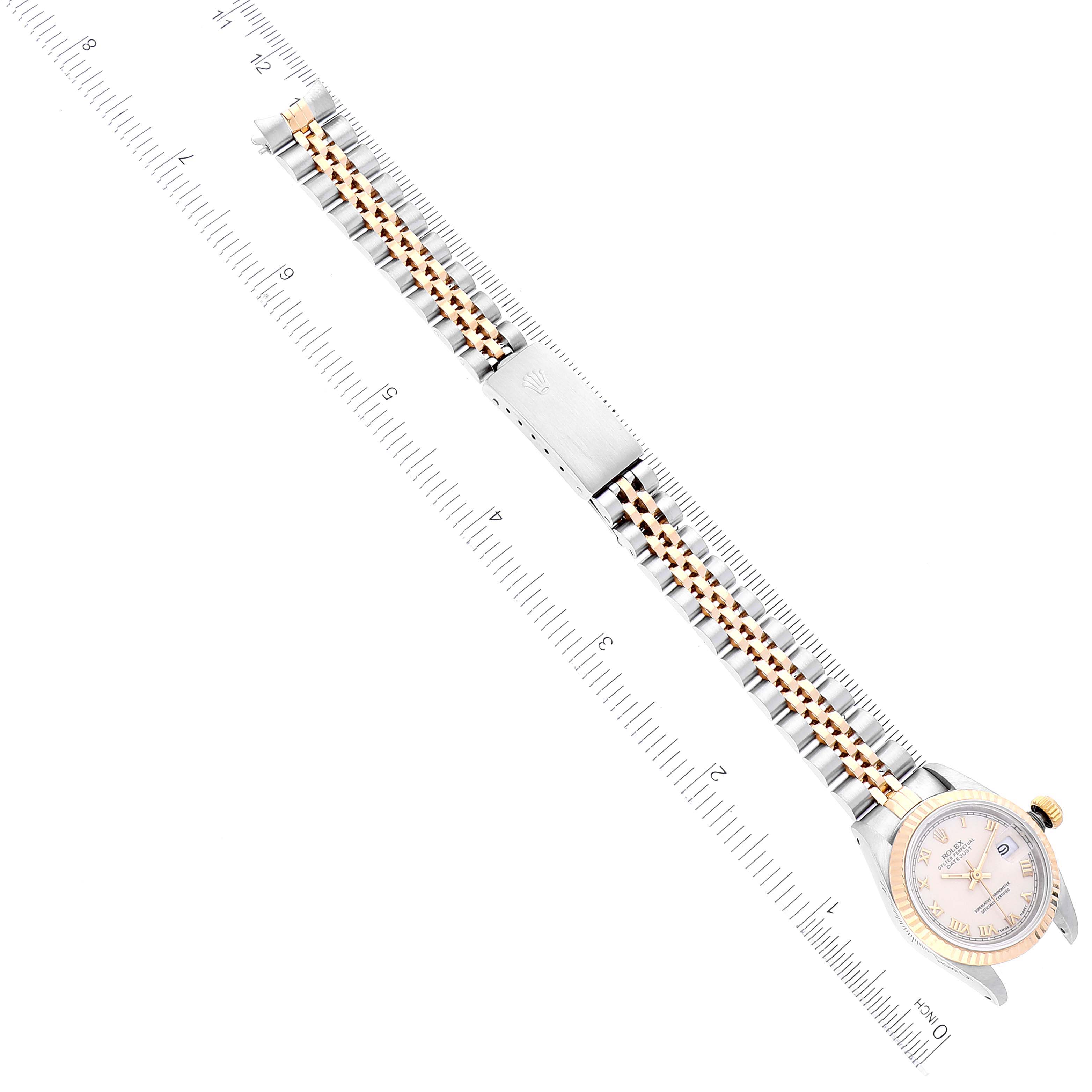 The image shows a top-down view of a Rolex Datejust 69173 Women's Steel and Gold (two tone) Beige Dial 69173 Women's Steel and Gold (two tone) Beige Dial watch, focusing on the entire bracelet and partly showing the watch face and bezel.