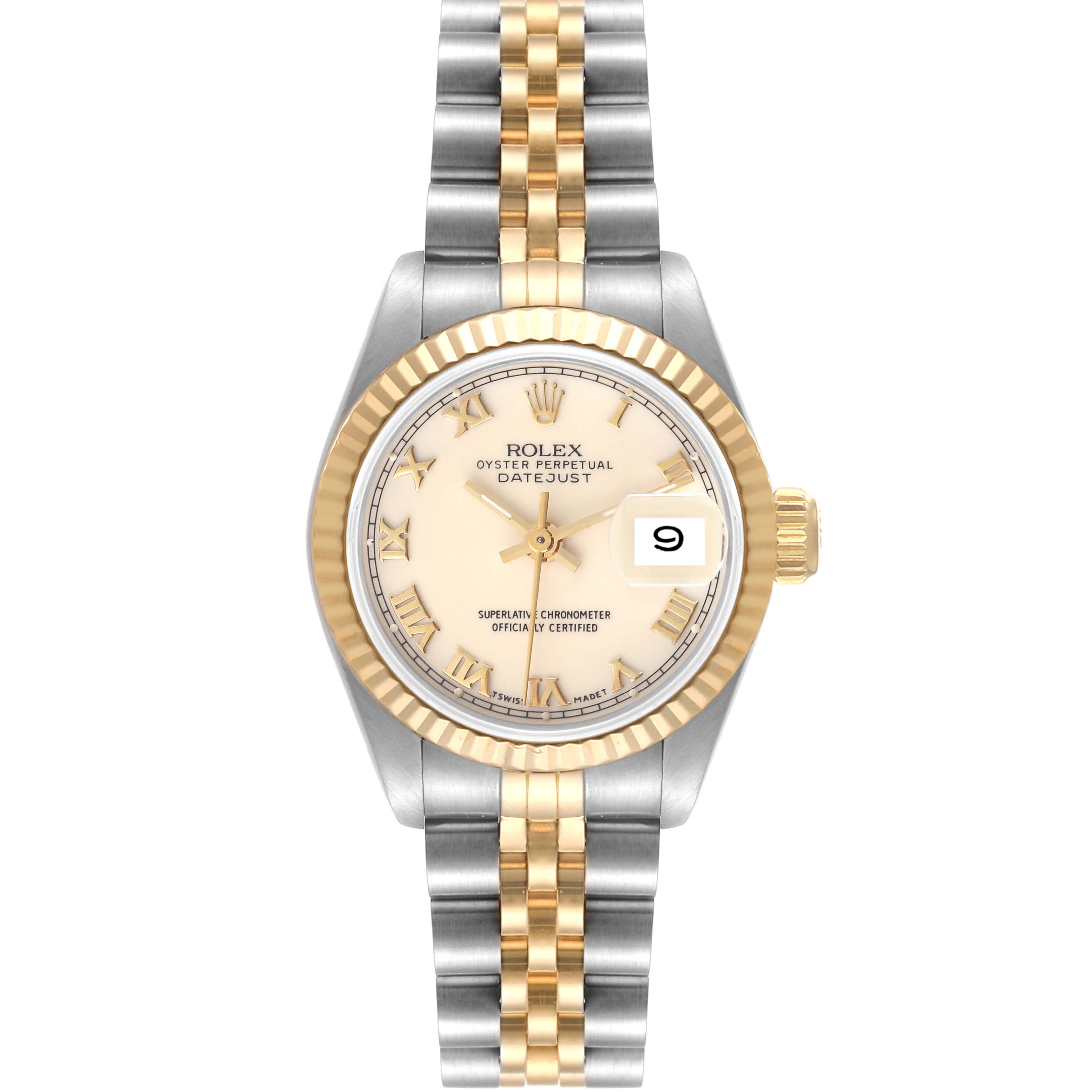 The image shows a Rolex Datejust 69173 Women's Steel and Gold (two tone) Beige Dial 69173 Women's Steel and Gold (two tone) Beige Dial watch from a top-down angle, featuring its dial, fluted bezel, and two-tone bracelet.