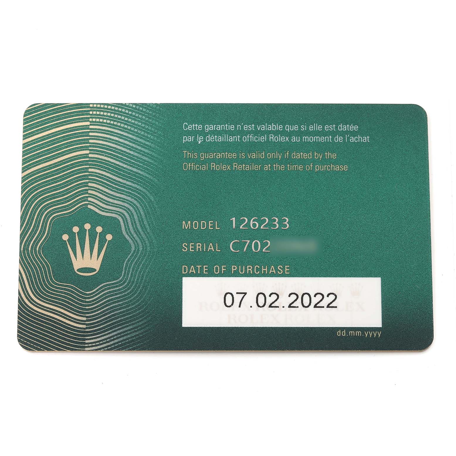 The image shows a warranty card for a Rolex Datejust 126233 Men's Steel and Gold (two tone) Mother of Pearl Dial 126233 Men's Steel and Gold (two tone) Mother of Pearl Dial model 126233, including the serial number and date of purchase.