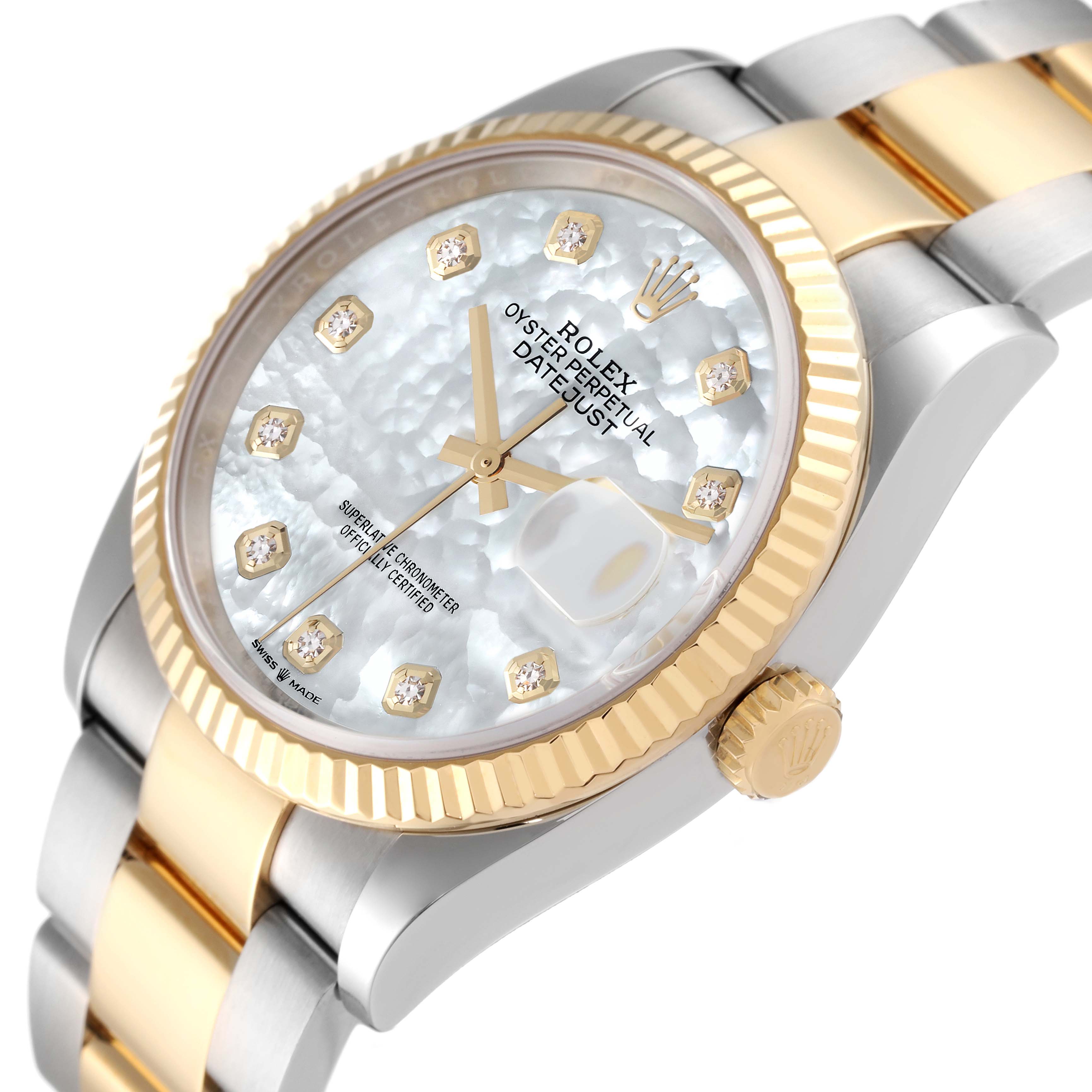 The image shows a close-up angle of a Rolex Datejust 126233 Men's Steel and Gold (two tone) Mother of Pearl Dial 126233 Men's Steel and Gold (two tone) Mother of Pearl Dial watch face, bezel, and part of the bracelet.