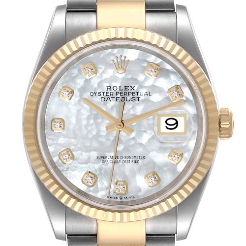 Photo of Rolex Datejust Steel Yellow Gold Mother of Pearl Diamond Mens Watch 126233 Box Card