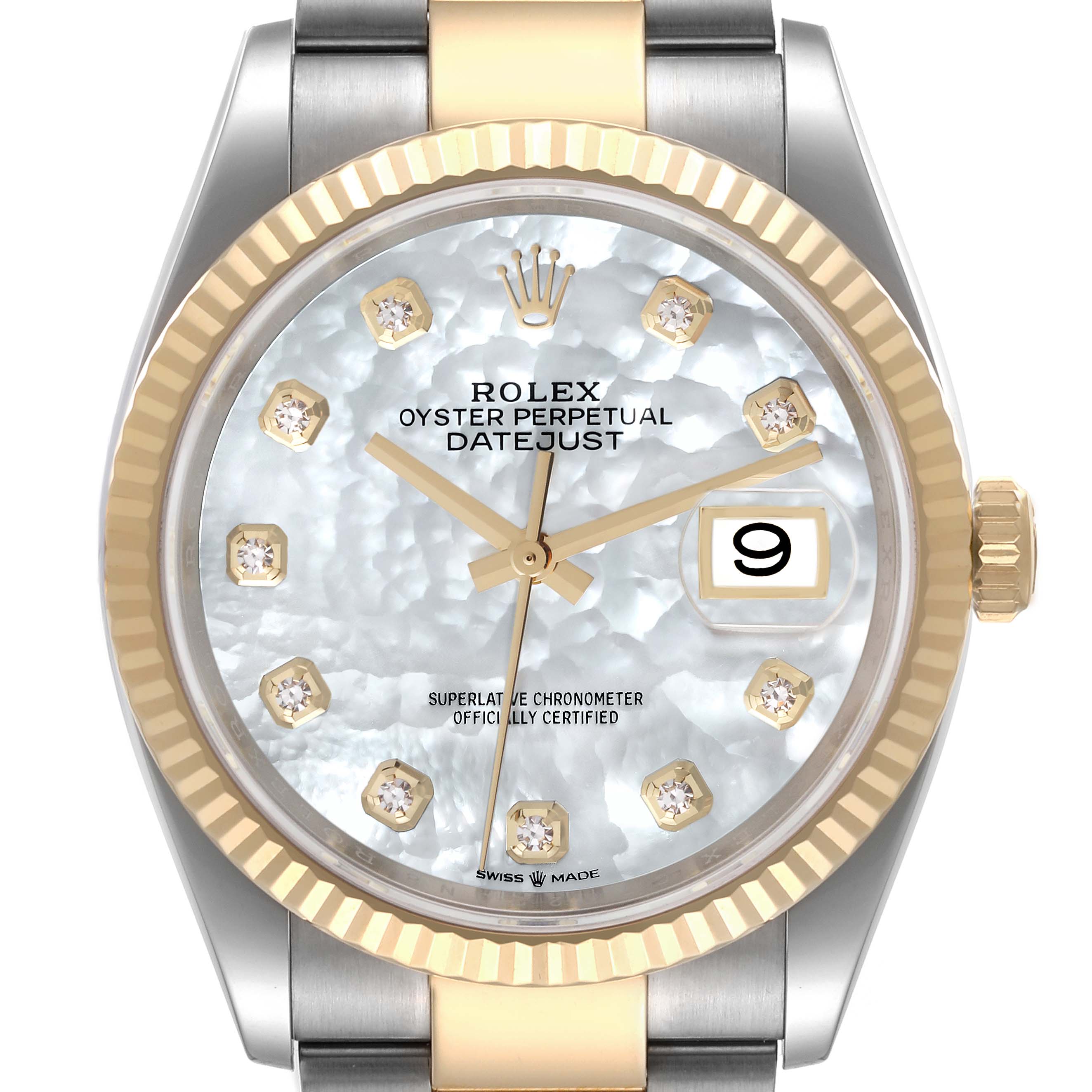 This image shows a frontal view of the Rolex Datejust 126233 Men's Steel and Gold (two tone) Mother of Pearl Dial 126233 Men's Steel and Gold (two tone) Mother of Pearl Dial watch, highlighting its face, bezel, crown, and part of the bracelet.