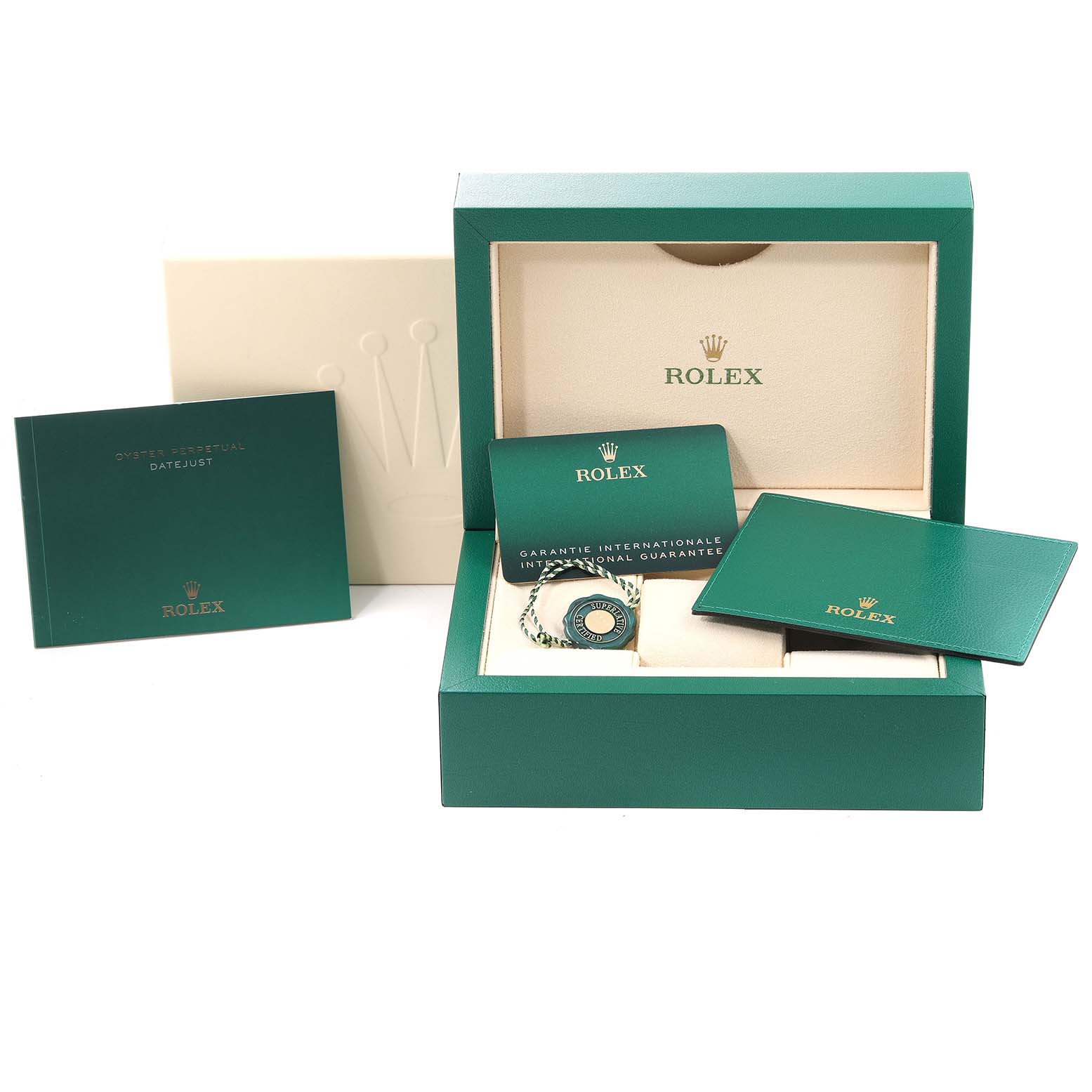The image shows the packaging, warranty card, hang tag, and booklets of a Rolex Datejust 126233 Men's Steel and Gold (two tone) Mother of Pearl Dial 126233 Men's Steel and Gold (two tone) Mother of Pearl Dial.