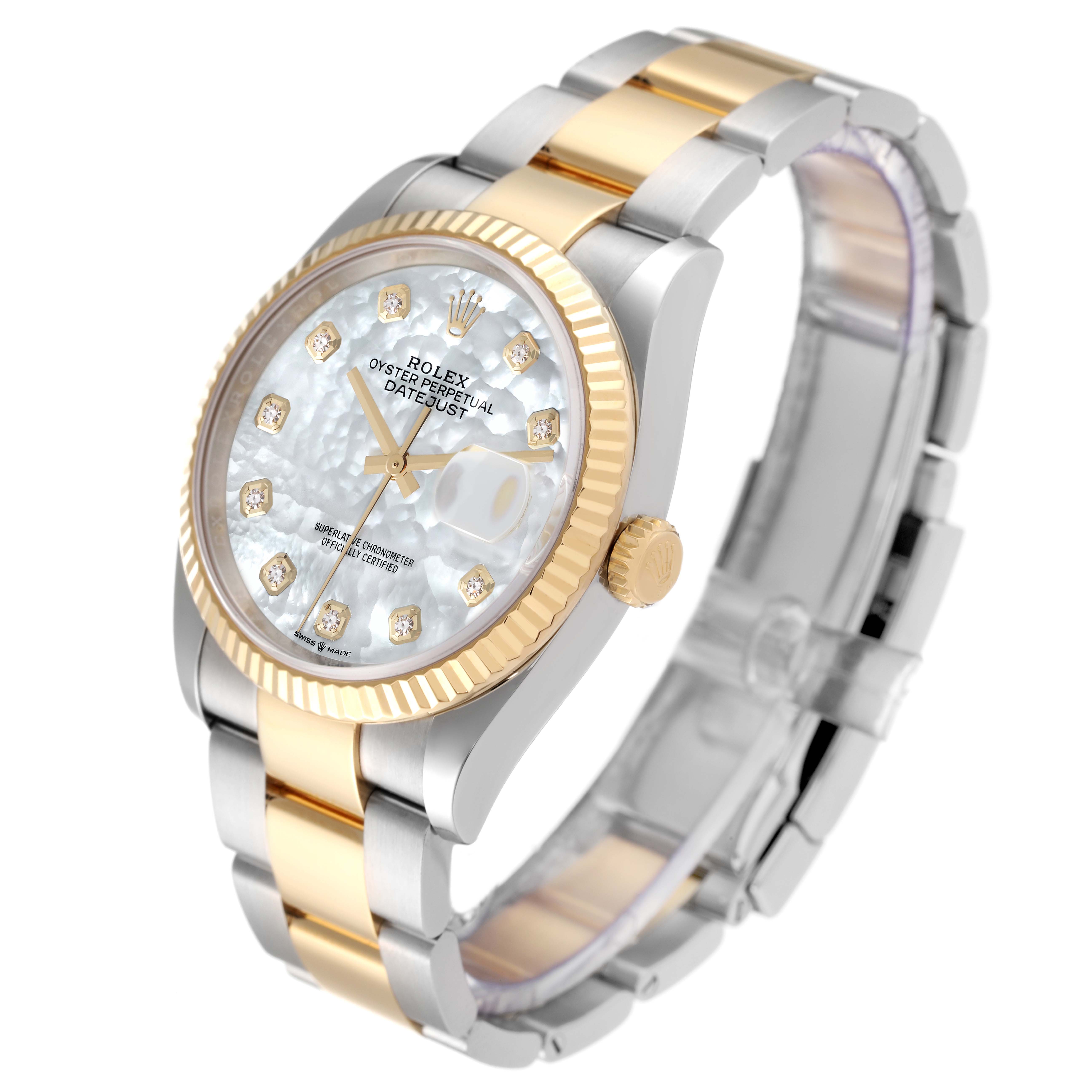 The image shows a Rolex Datejust 126233 Men's Steel and Gold (two tone) Mother of Pearl Dial 126233 Men's Steel and Gold (two tone) Mother of Pearl Dial watch angled slightly to the left, displaying its face, bezel, crown, and bracelet.