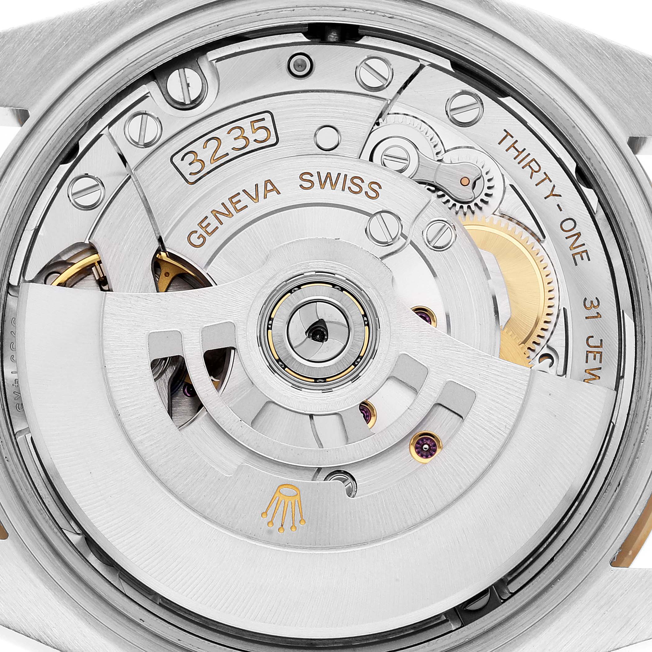 The image shows the movement and intricate internal mechanism of a Rolex Datejust 126233 Men's Steel and Gold (two tone) Mother of Pearl Dial 126233 Men's Steel and Gold (two tone) Mother of Pearl Dial watch model from the back.