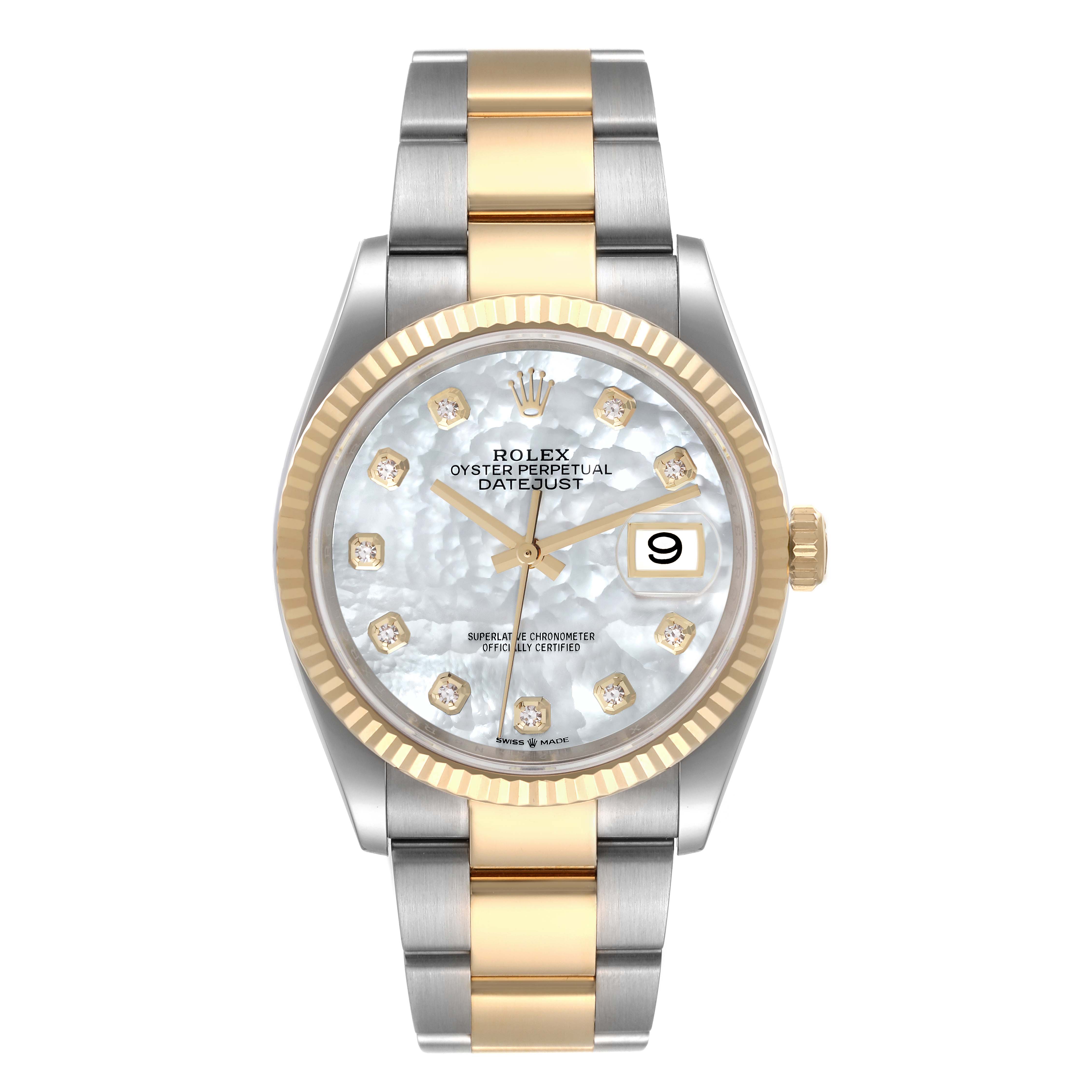 The image shows a frontal view of a Rolex Datejust 126233 Men's Steel and Gold (two tone) Mother of Pearl Dial 126233 Men's Steel and Gold (two tone) Mother of Pearl Dial watch, featuring a mother-of-pearl dial, date function, and two-tone bracelet.