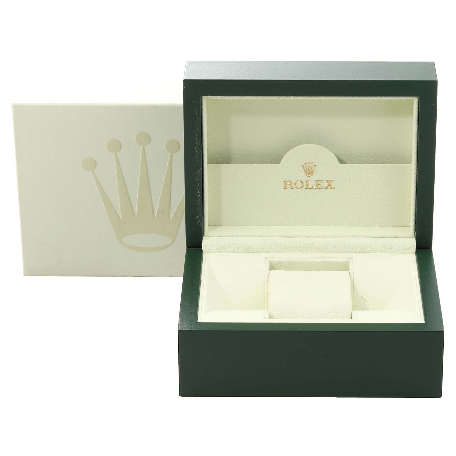 This image shows an open green Rolex Datejust 179173 Women's Steel and Gold (two tone) White Dial 179173 Women's Steel and Gold (two tone) White Dial watch box with its inner beige lining and outer beige cover.