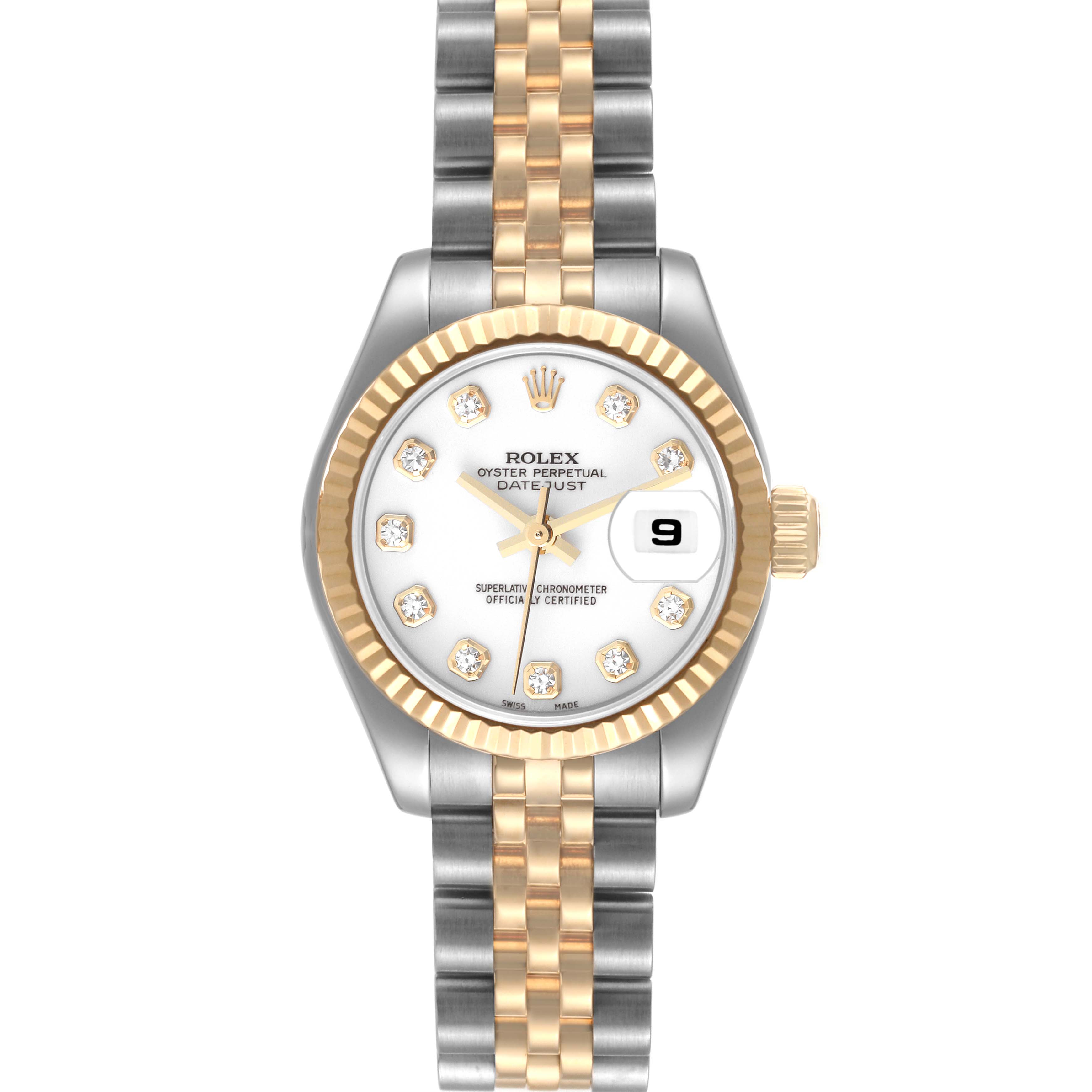 The image shows a frontal view of a Rolex Datejust 179173 Women's Steel and Gold (two tone) White Dial 179173 Women's Steel and Gold (two tone) White Dial watch featuring a two-tone bracelet, a fluted bezel, and a date window at 3 o'clock.