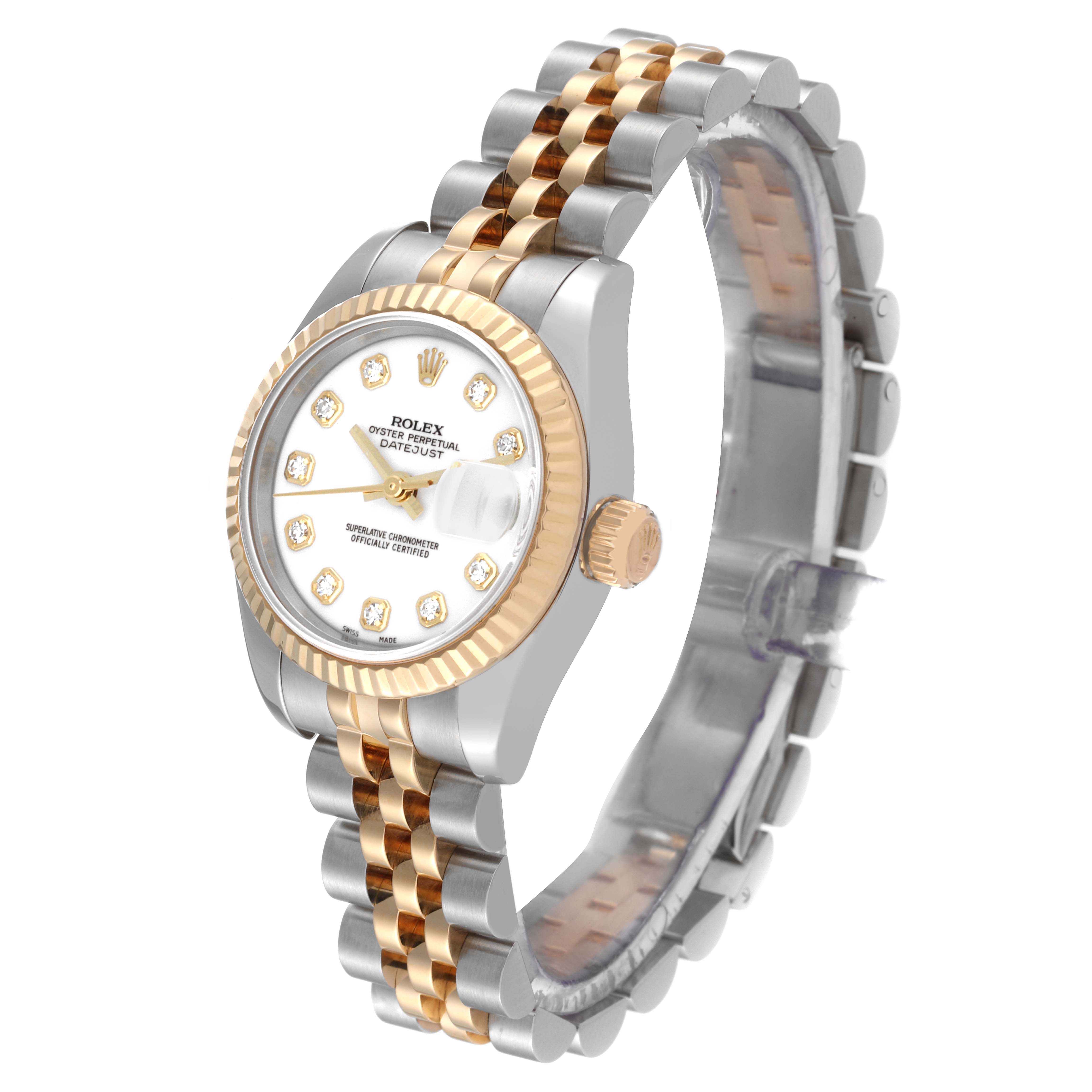 This Rolex Datejust 179173 Women's Steel and Gold (two tone) White Dial 179173 Women's Steel and Gold (two tone) White Dial watch is shown at an angled side view, displaying the face, crown, and two-tone bracelet.