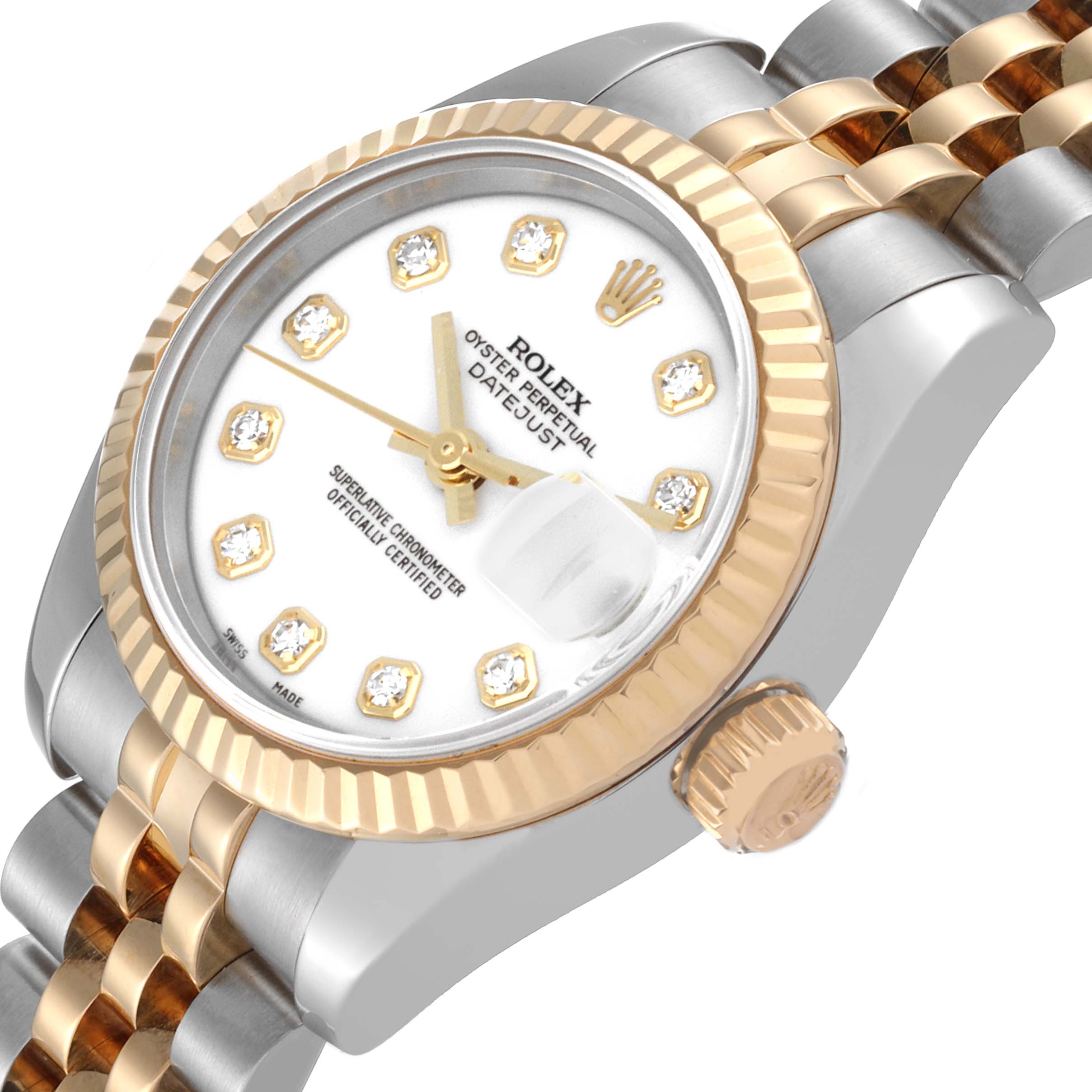 The image shows a close-up, angled view of a Rolex Datejust 179173 Women's Steel and Gold (two tone) White Dial 179173 Women's Steel and Gold (two tone) White Dial watch, highlighting the dial, bezel, and part of the bracelet.