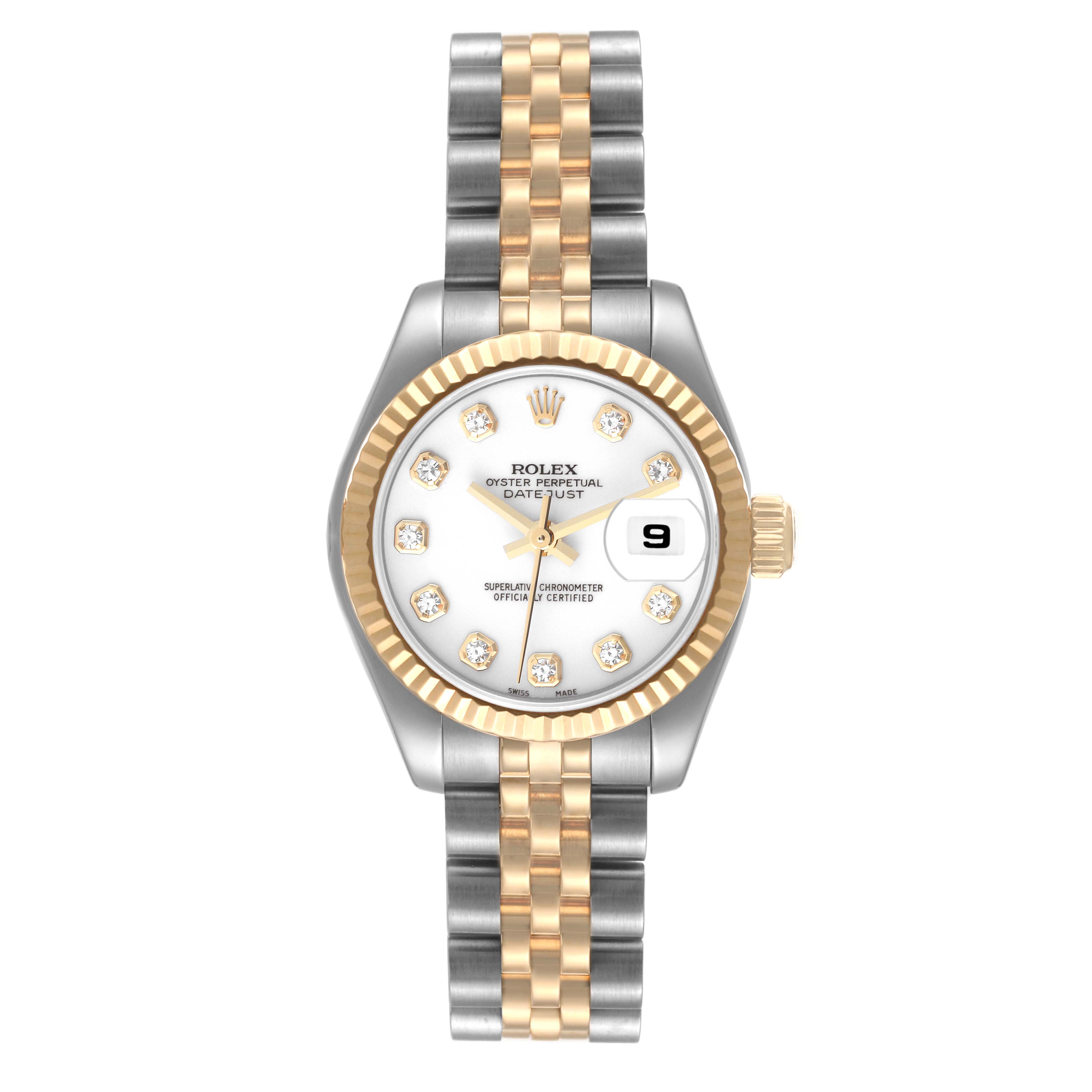 The image shows a front view of the Rolex Datejust 179173 Women's Steel and Gold (two tone) White Dial 179173 Women's Steel and Gold (two tone) White Dial watch, featuring its face, bezel, bracelet, and date display.