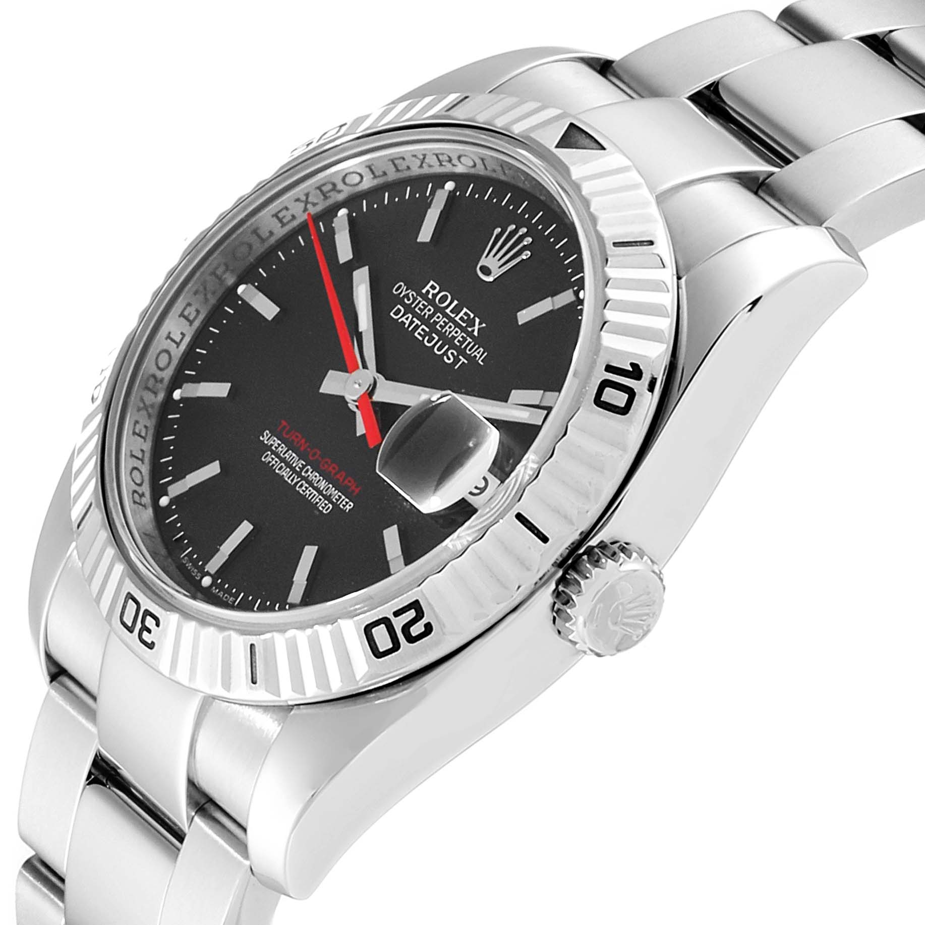 This image shows a side angle of a Rolex Turn-o-Graph 116264 Men
s Stainless Steel Black Dial 116264 Men
s Stainless Steel Black Dial watch, highlighting the bezel, crown, and part of the bracelet.