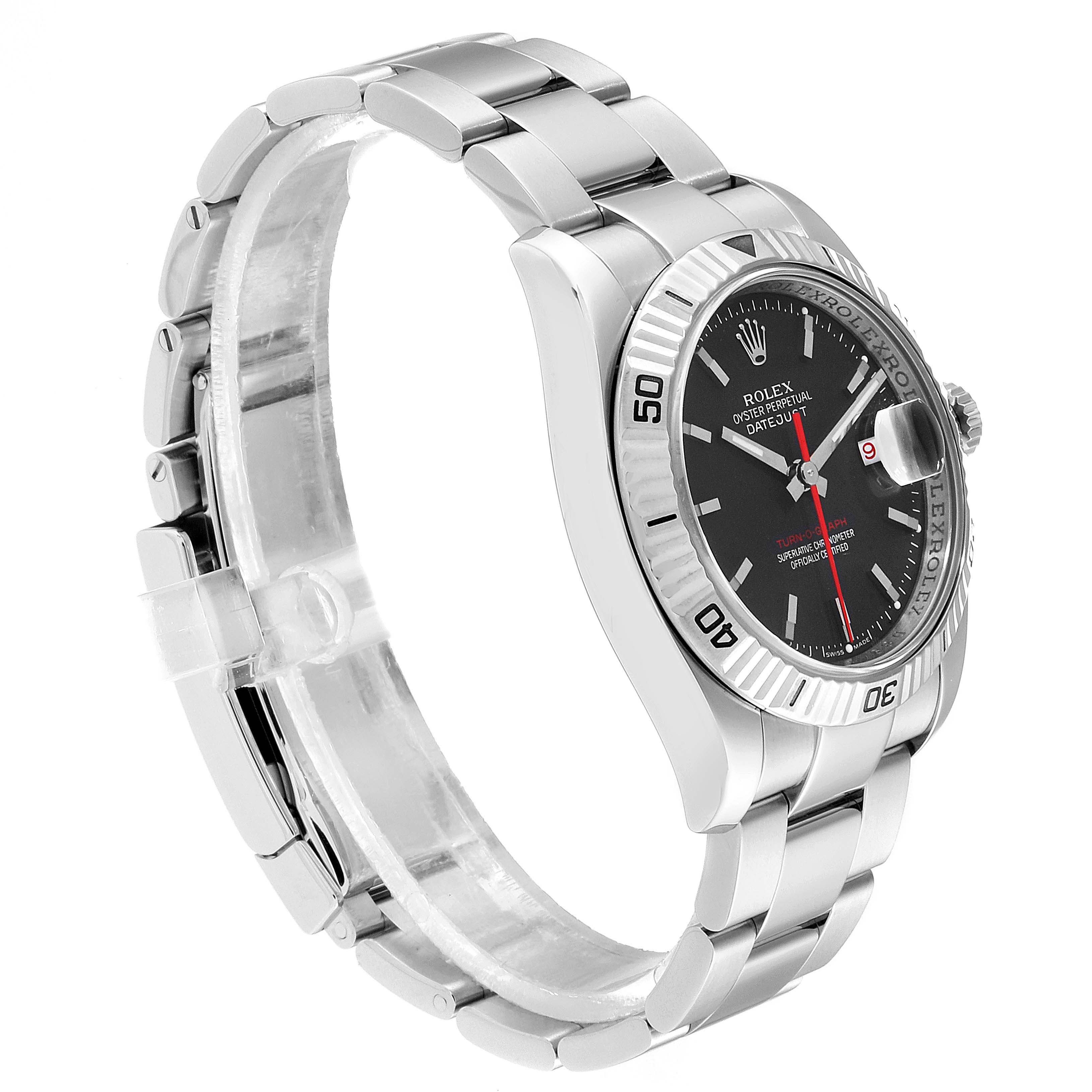 This image displays a side view of the Rolex Turn-o-Graph 116264 Men
s Stainless Steel Black Dial 116264 Men
s Stainless Steel Black Dial, showcasing the bezel, dial, crown, and bracelet.