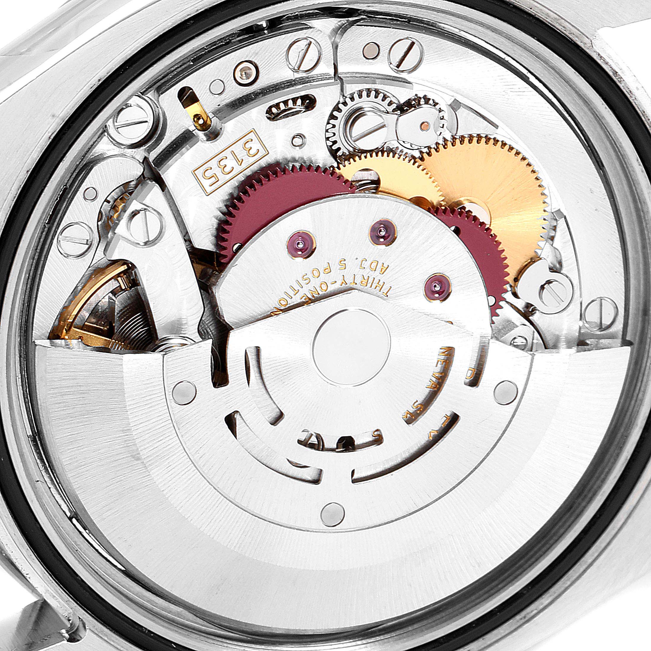 This image shows the intricacies of the movement mechanism inside a Rolex Turn-o-Graph 116264 Men
s Stainless Steel Black Dial 116264 Men
s Stainless Steel Black Dial watch from a back angle.