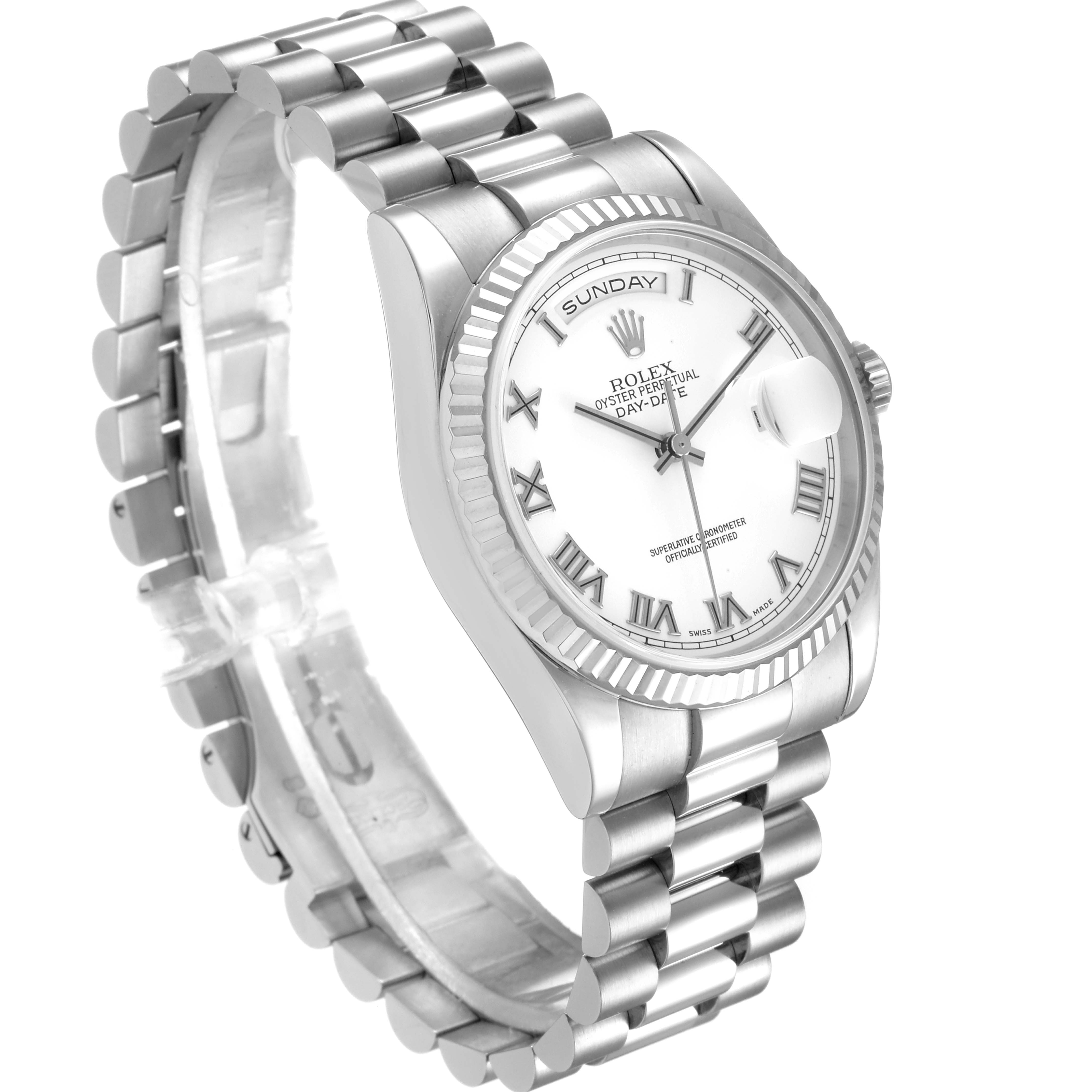 The Rolex President 118239 Men's White Gold White Dial 118239 Men's White Gold White Dial model watch is shown at a slight angle, highlighting its face, bracelet, and crown.