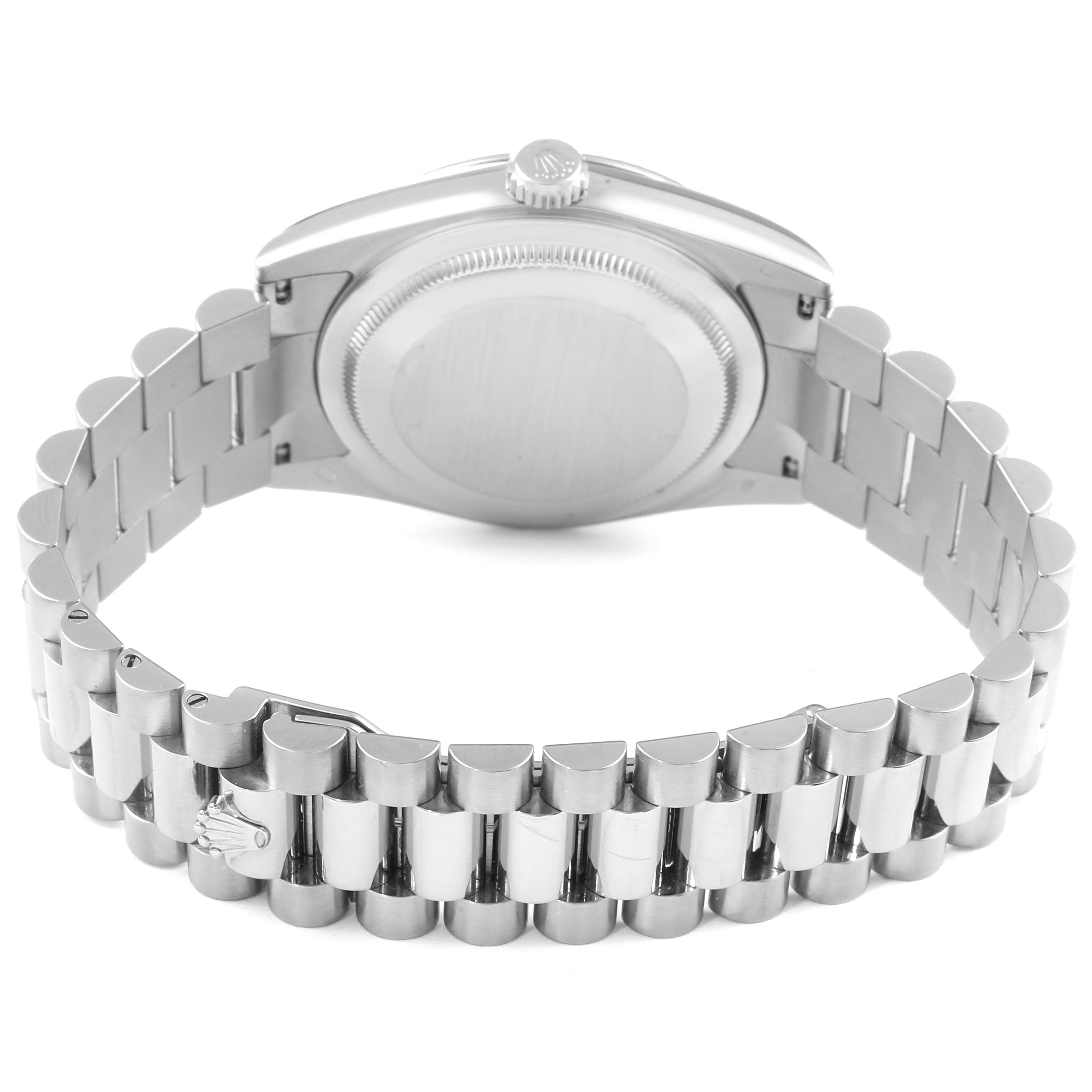 The image shows the back case and bracelet of a Rolex President 118239 Men's White Gold White Dial 118239 Men's White Gold White Dial model watch from the rear angle.