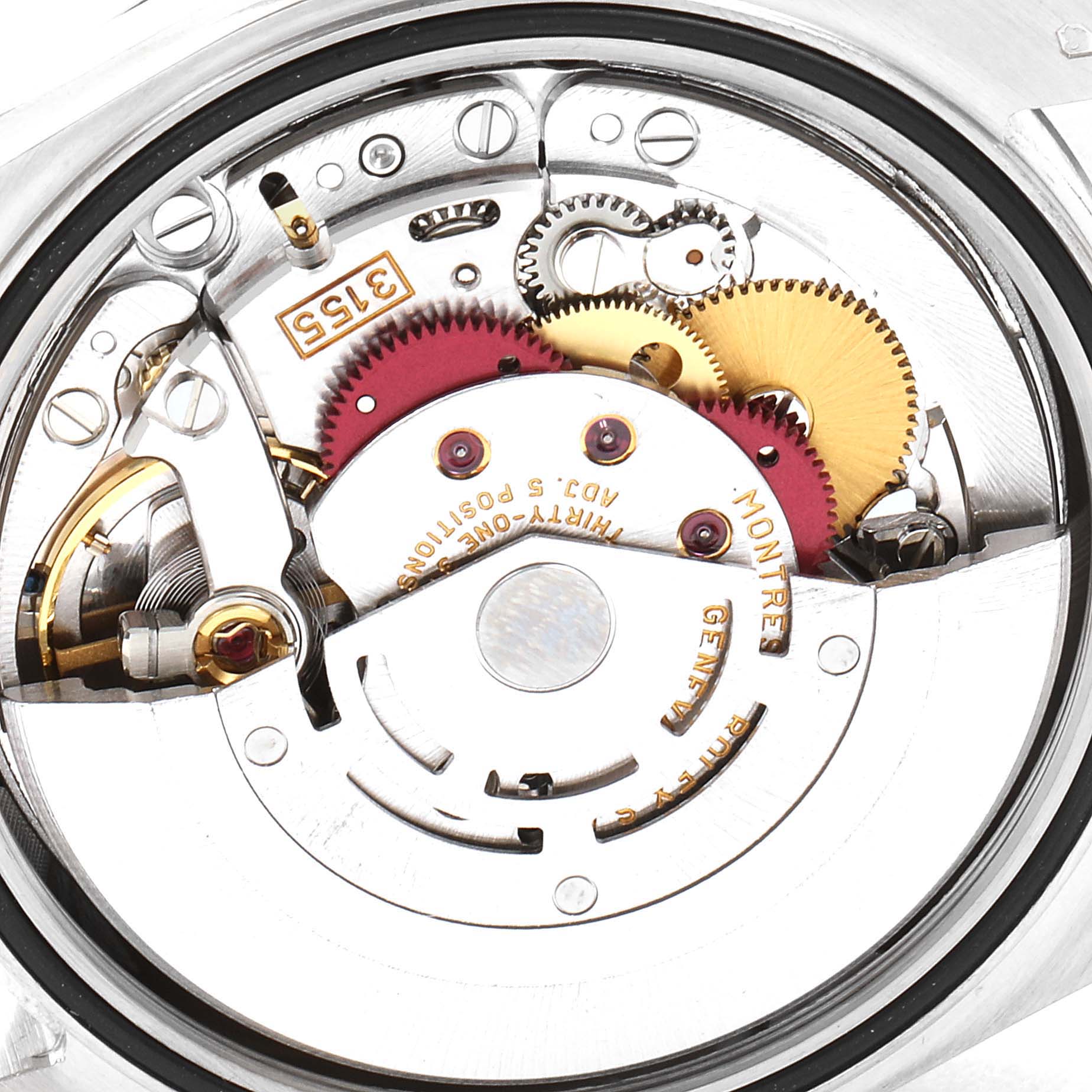 This close-up image displays the intricate inner mechanism of the Rolex President 118239 Men's White Gold White Dial 118239 Men's White Gold White Dial model watch.
