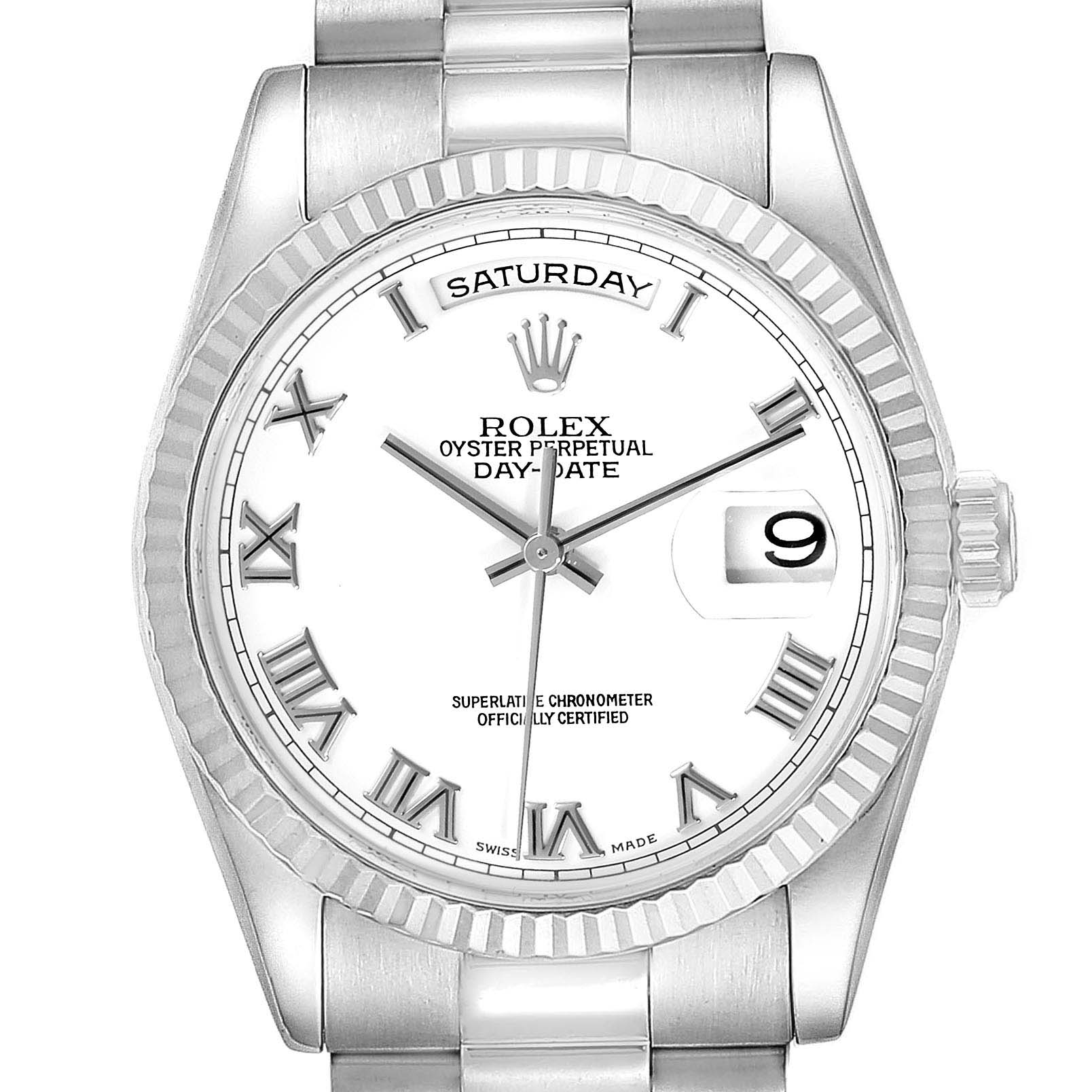 The image shows a front view of the Rolex President 118239 Men's White Gold White Dial 118239 Men's White Gold White Dial model, featuring the watch face, dial, bezel, and partially the bracelet.