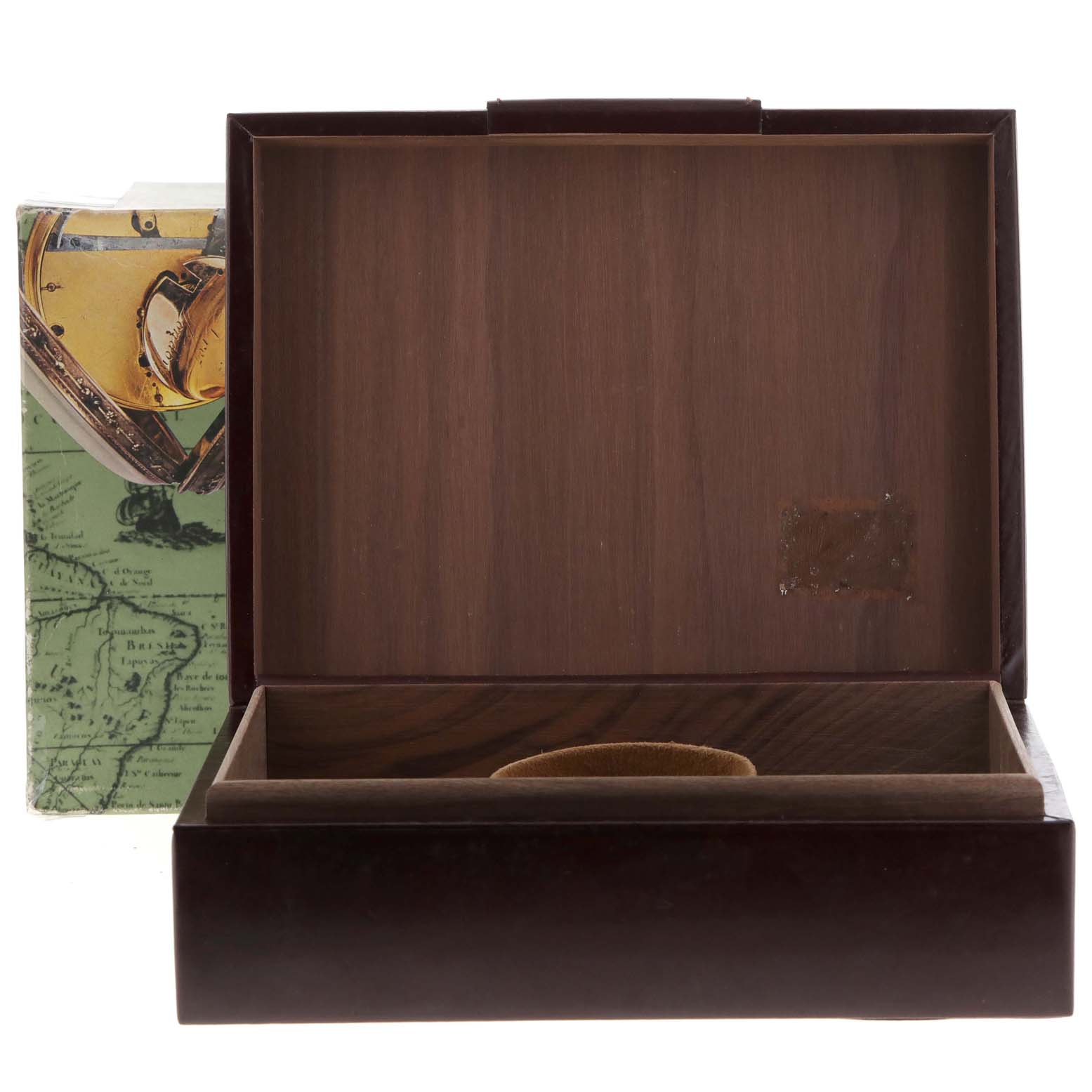 This image shows an open wooden box for the Rolex President 118239 Men's White Gold White Dial 118239 Men's White Gold White Dial model watch, viewed from the front.