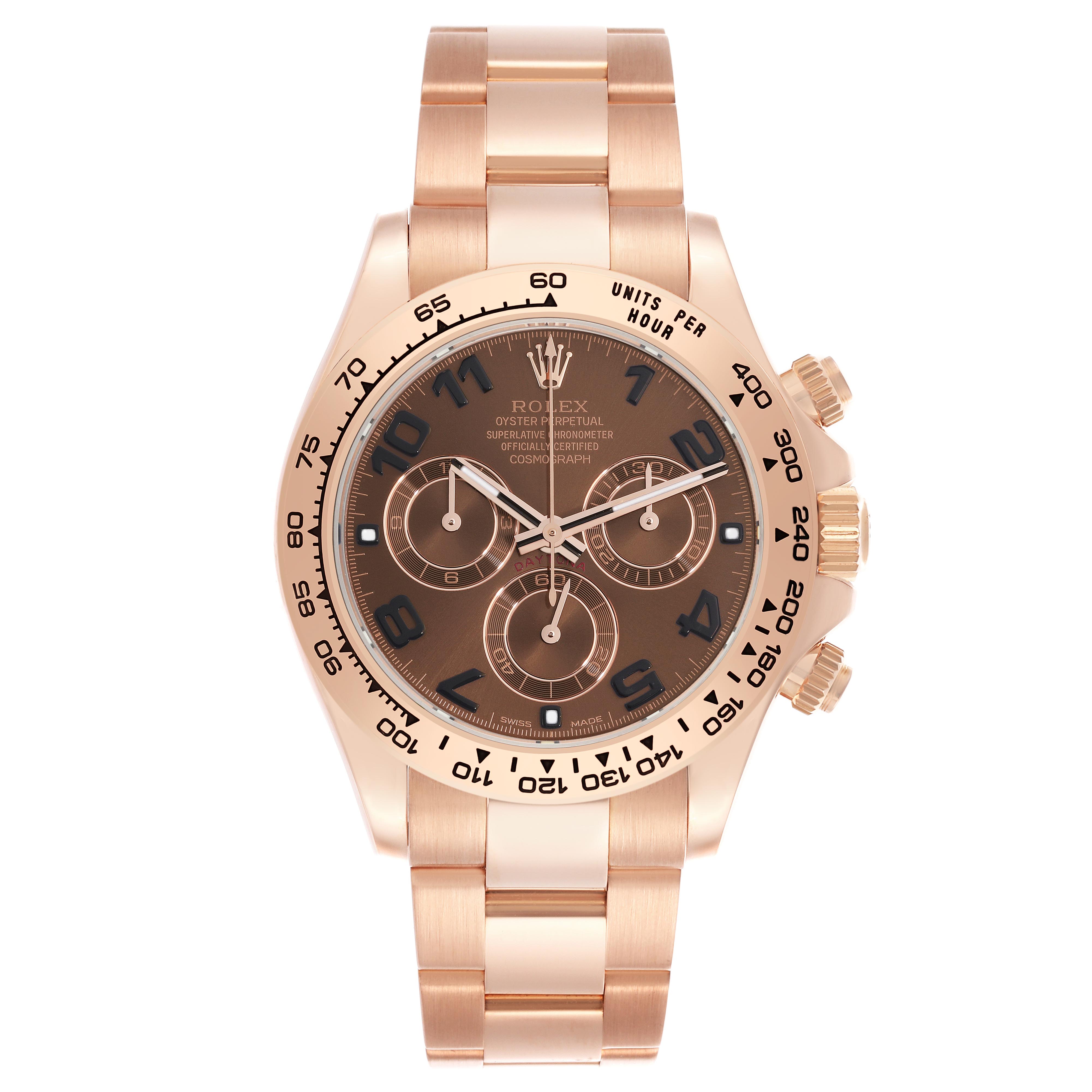 The image shows a front view of a Rolex Daytona 116505 Men
s Rose Gold Brown Dial 116505 Men
s Rose Gold Brown Dial watch, highlighting the face, bezel, and bracelet.