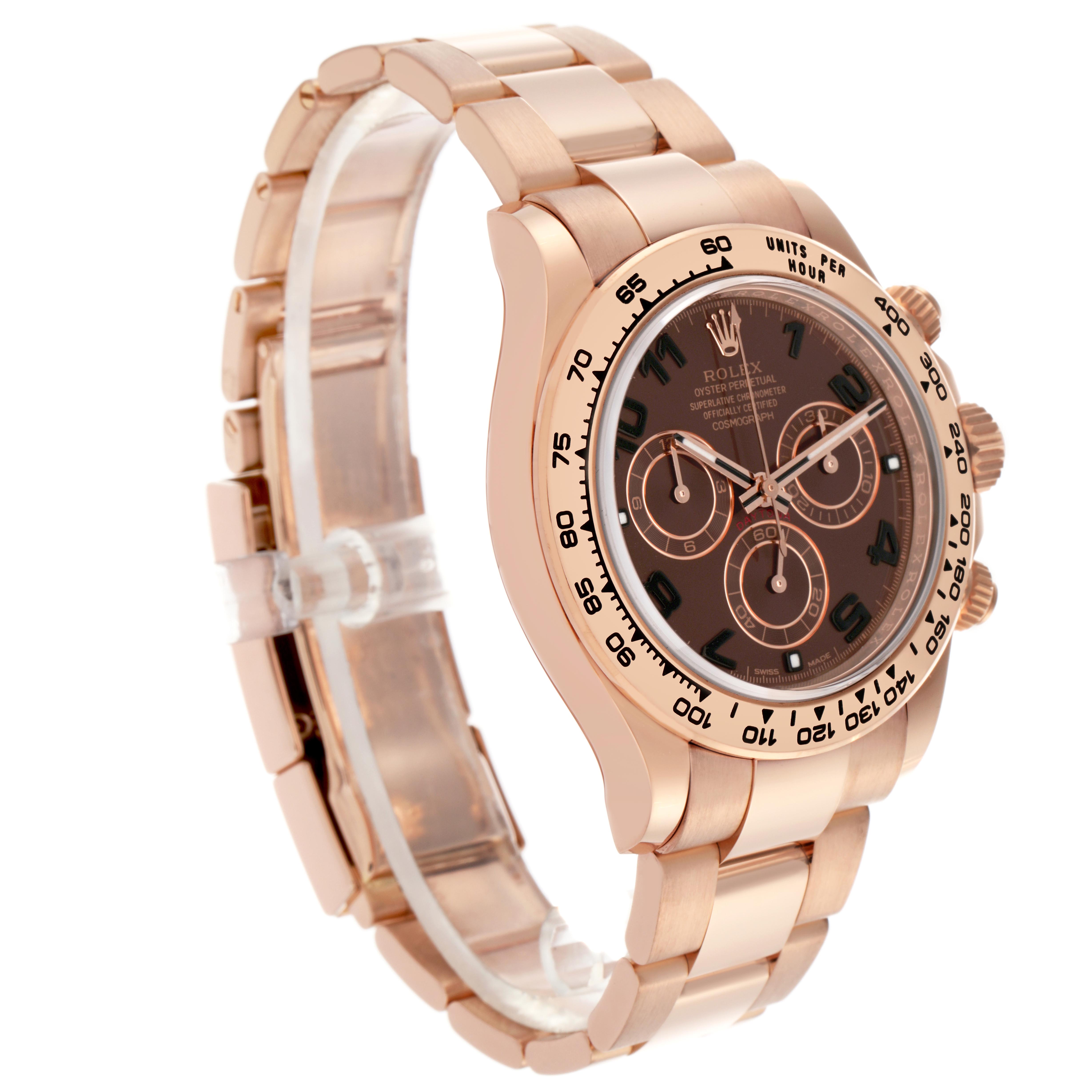 The image shows a Rolex Daytona 116505 Men
s Rose Gold Brown Dial 116505 Men
s Rose Gold Brown Dial watch at a three-quarter angle, highlighting its rose gold bracelet, bezel, and dial.