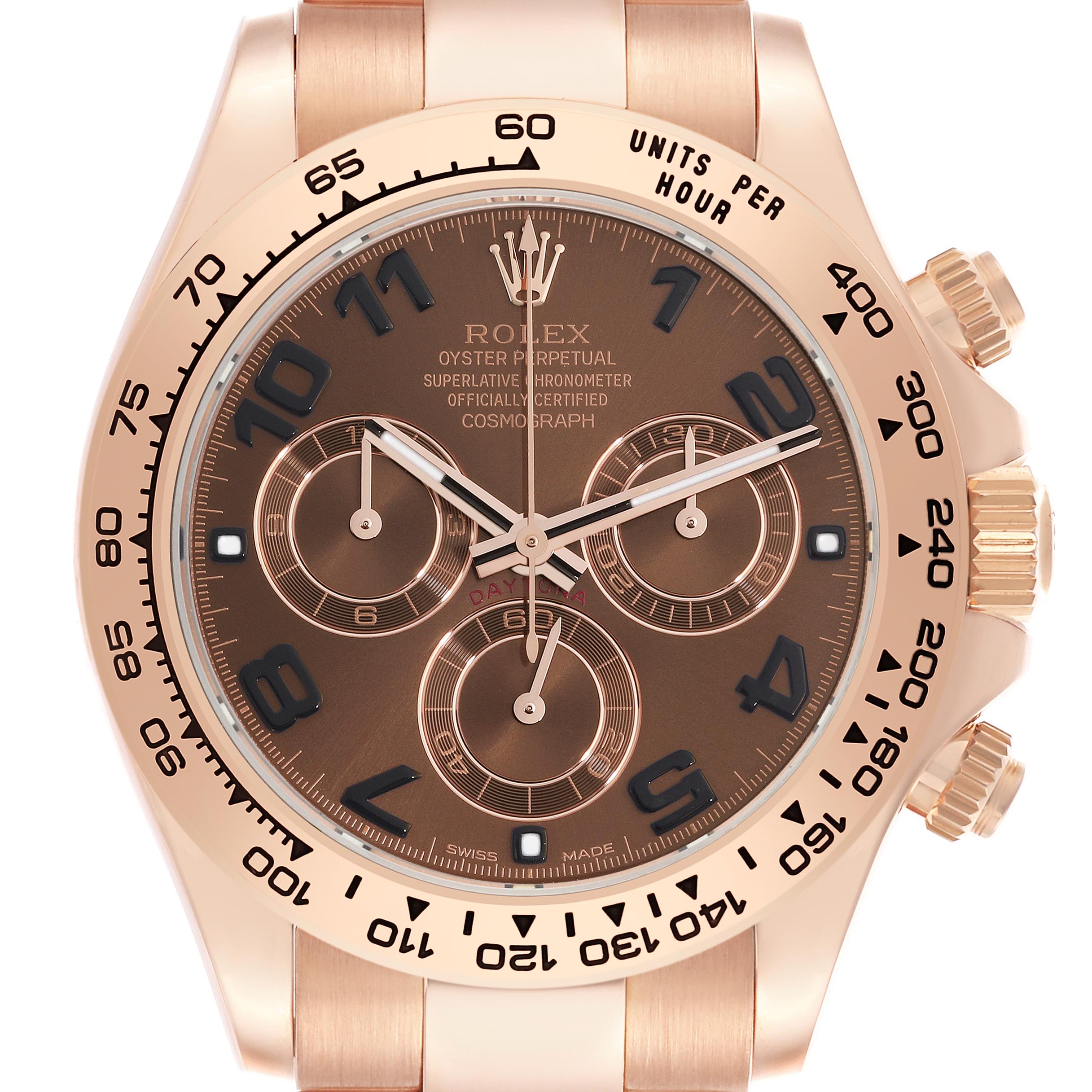 The image shows a close-up of the Rolex Daytona 116505 Men
s Rose Gold Brown Dial 116505 Men
s Rose Gold Brown Dial watch face, highlighting the dial, bezel, and chronograph sub-dials.
