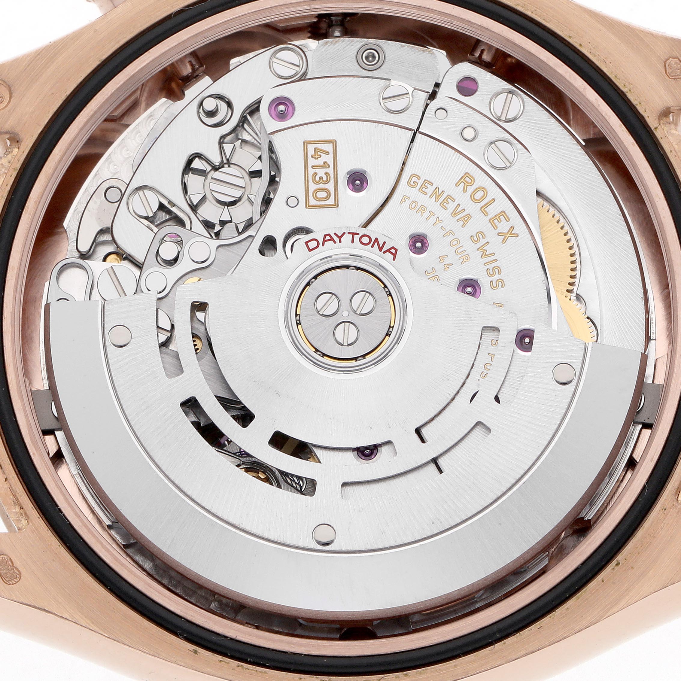 This image shows the internal mechanics of a Rolex Daytona 116505 Men
s Rose Gold Brown Dial 116505 Men
s Rose Gold Brown Dial watch from the back, highlighting the movement components.