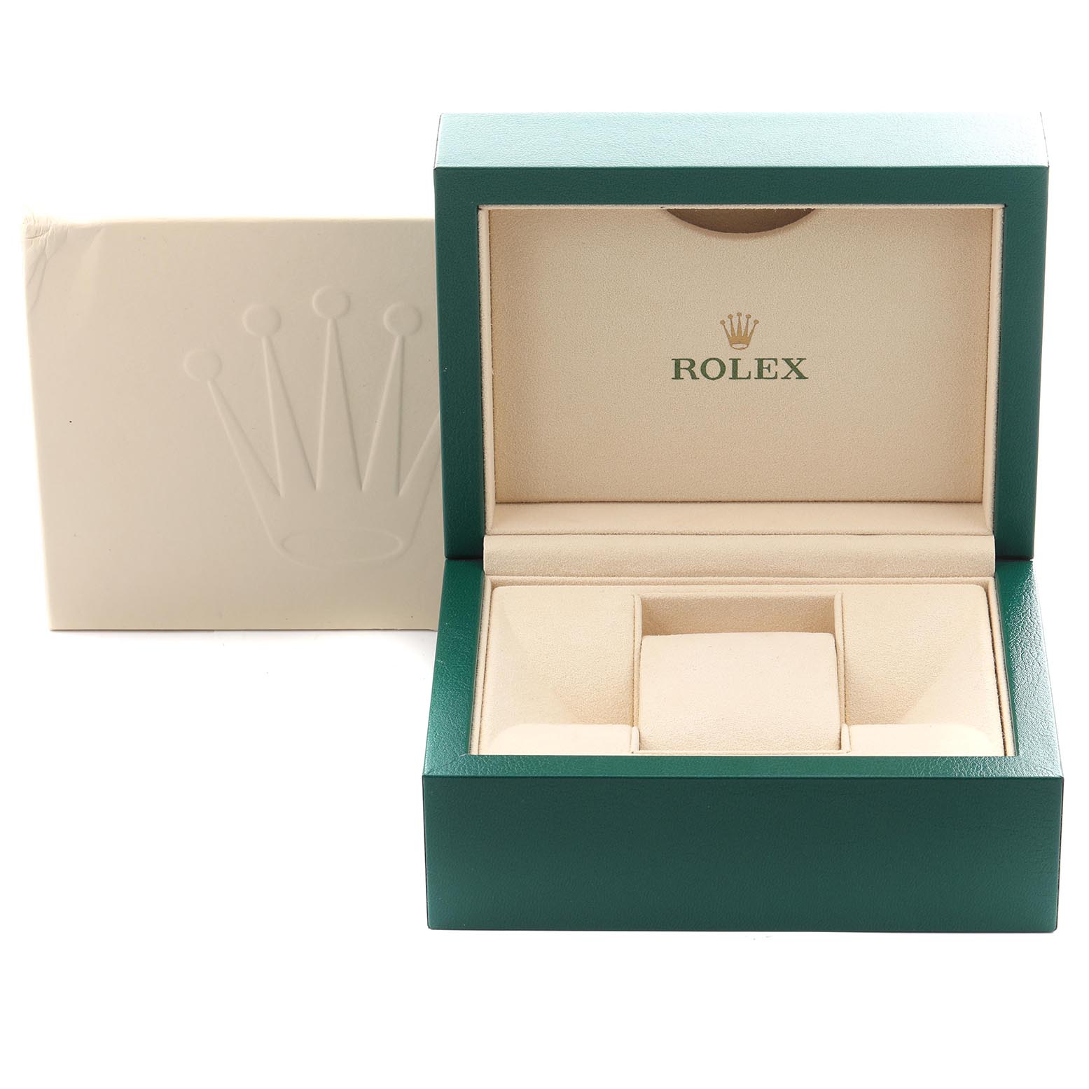 The image shows an open green Rolex watch box for the Daytona model, with a beige interior and a Rolex logo on the inside.