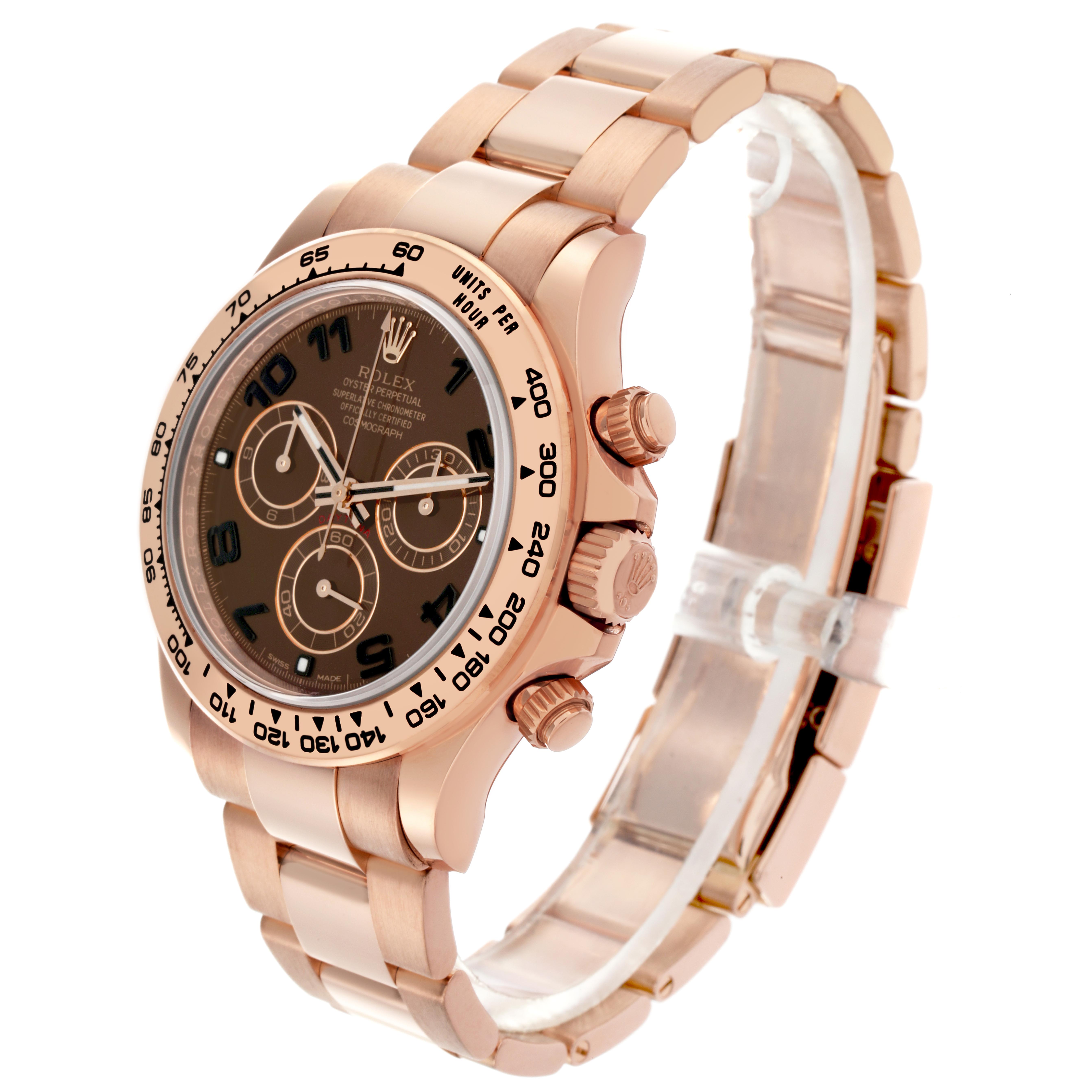 The Rolex Daytona 116505 Men
s Rose Gold Brown Dial 116505 Men
s Rose Gold Brown Dial watch is shown at a three-quarter angle, highlighting the bezel, dial, crown, and bracelet.