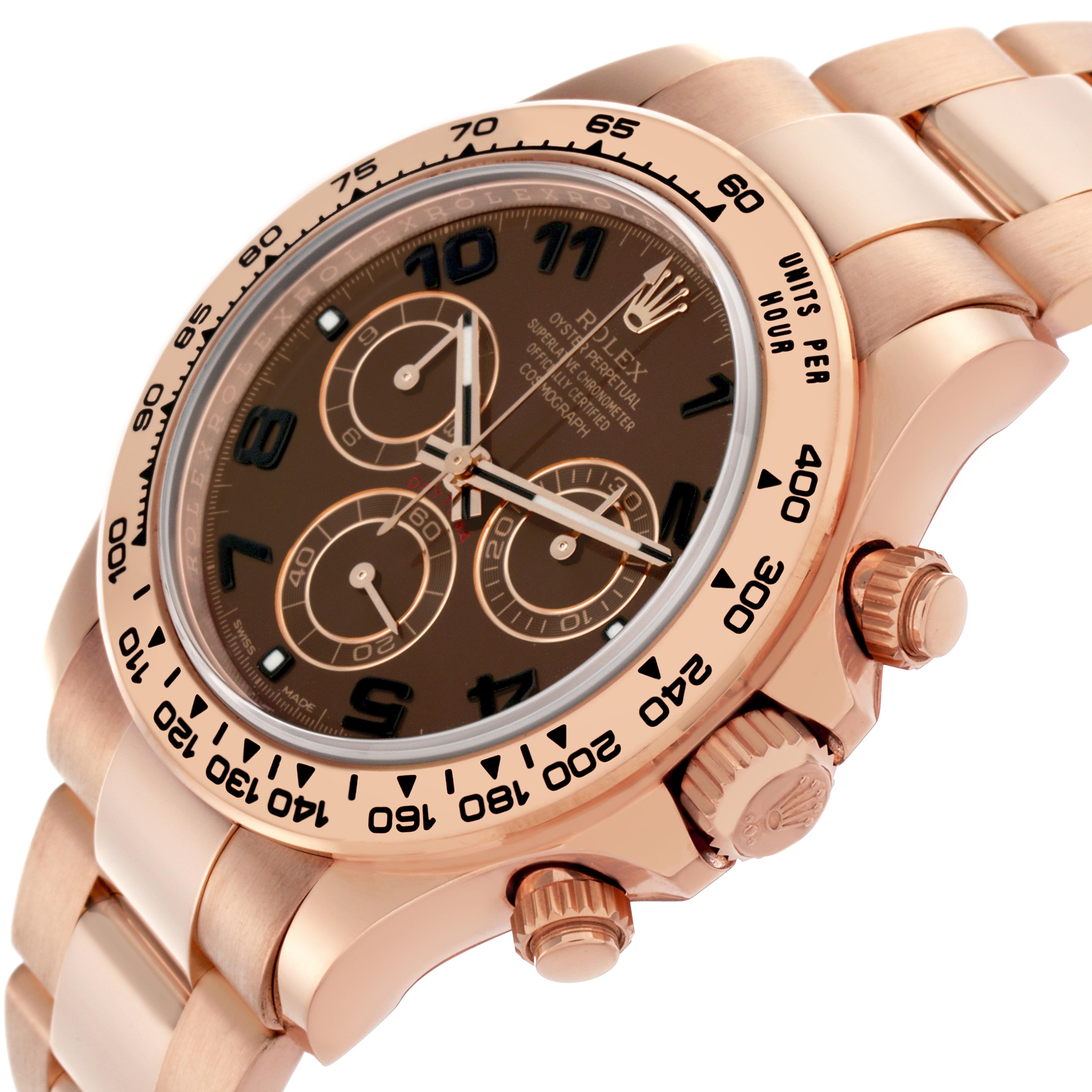 The Rolex Daytona 116505 Men
s Rose Gold Brown Dial 116505 Men
s Rose Gold Brown Dial watch is shown from a side angle, displaying the bezel, crown, pushers, and part of the bracelet.