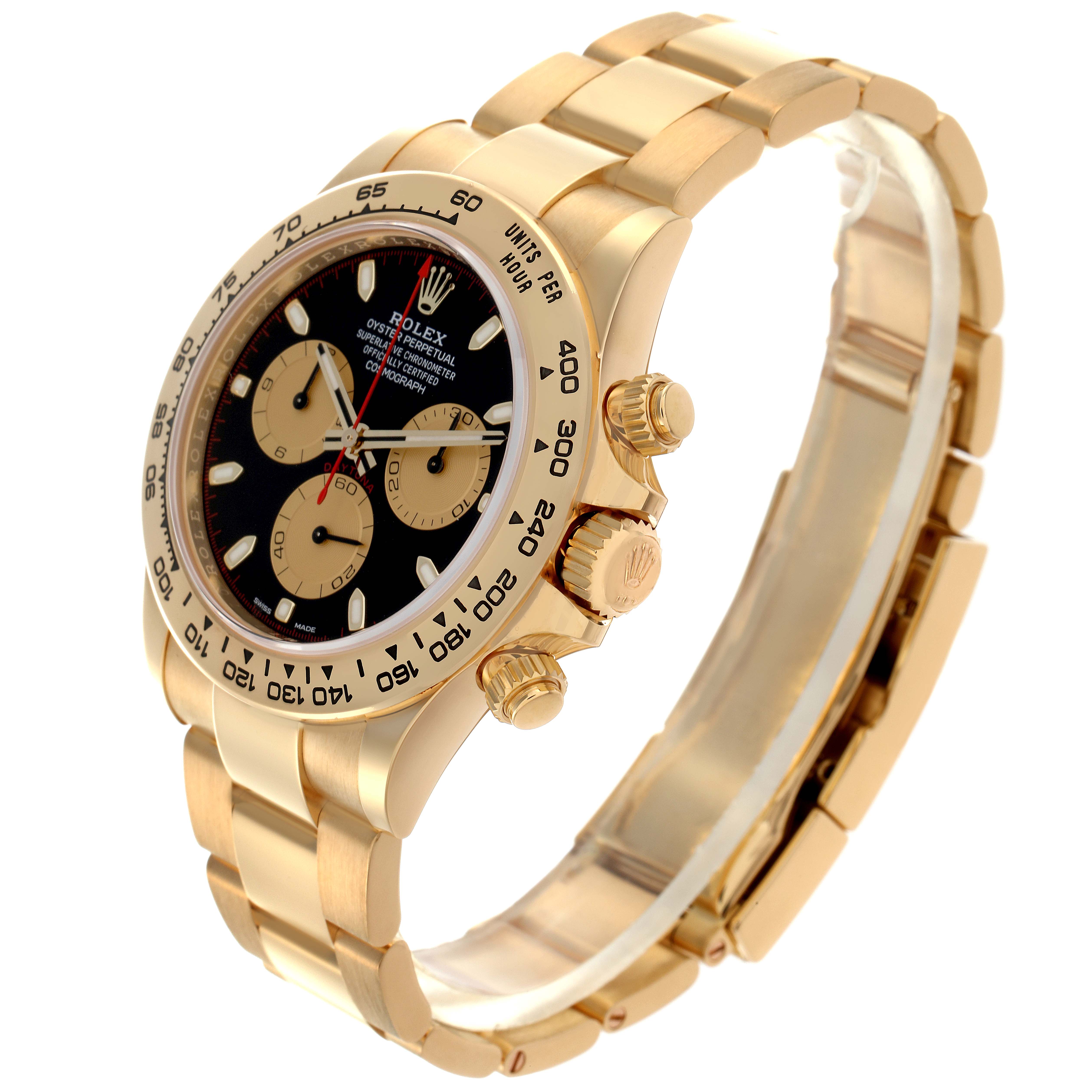 The Rolex Daytona 116508 Men
s Yellow Gold Black Dial 116508 Men
s Yellow Gold Black Dial watch is shown at a three-quarter angle, highlighting its gold bracelet, bezel, crown, and black dial with subdials.