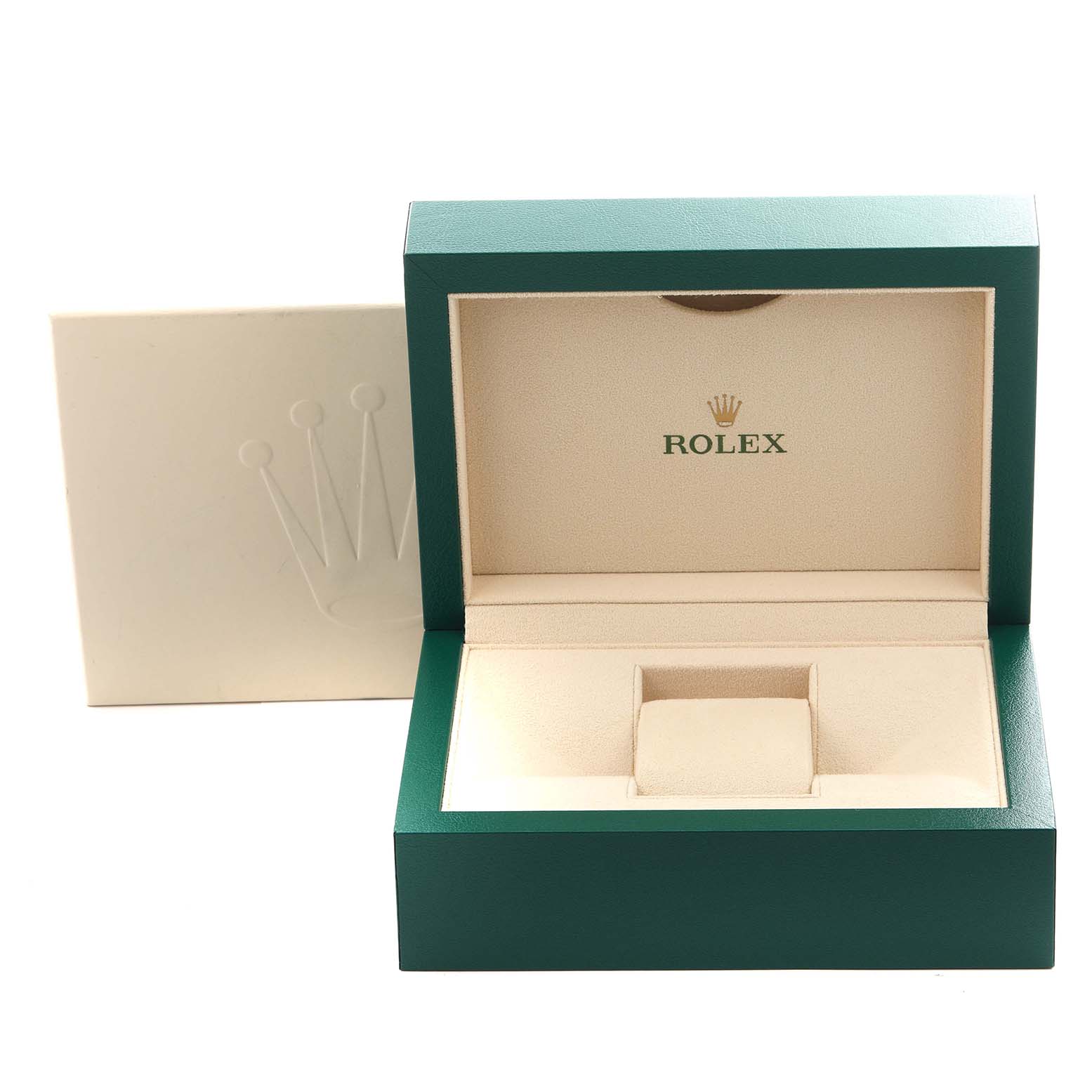 The image shows an open green and beige Rolex watch box for the Daytona model, viewed from the front.