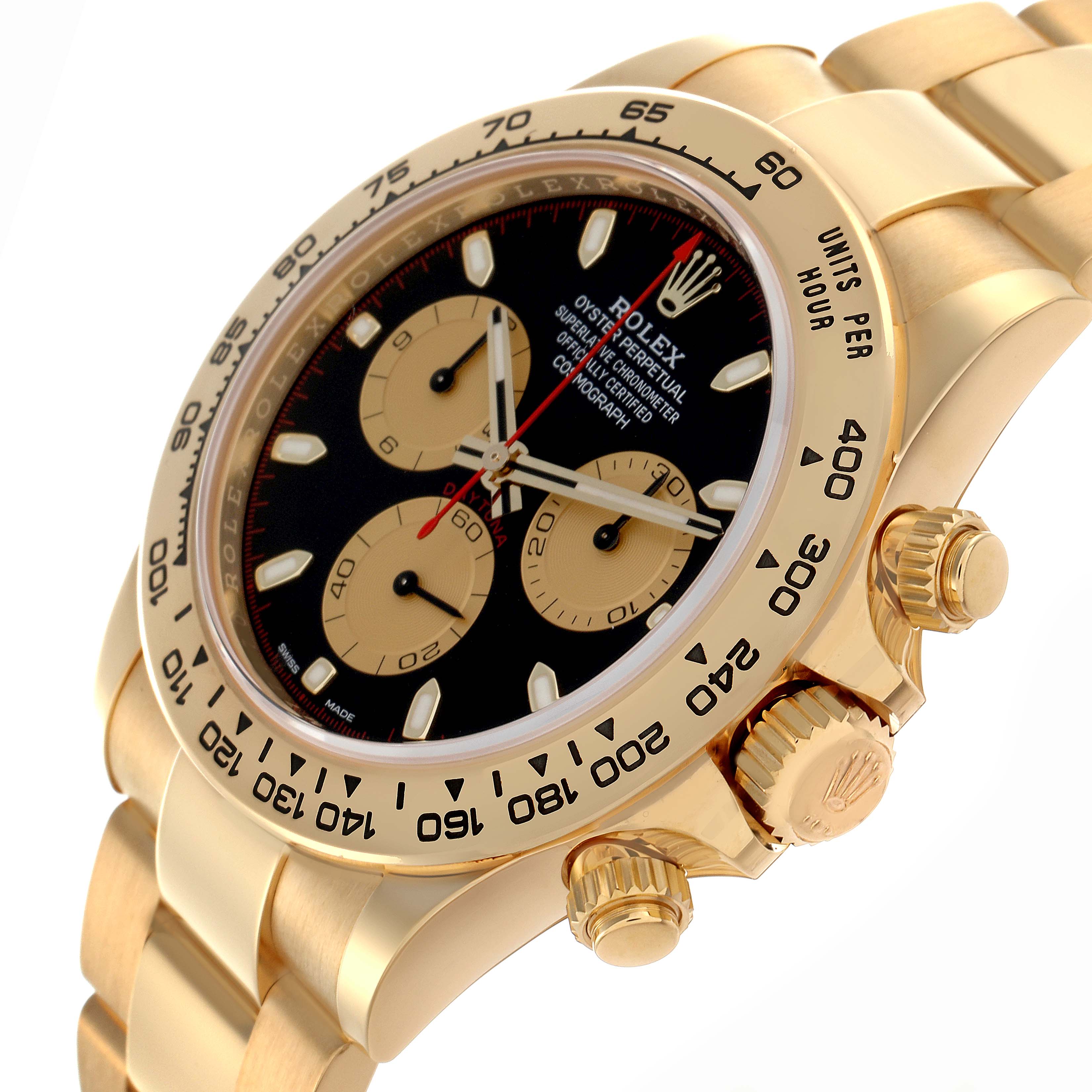 The Rolex Daytona 116508 Men
s Yellow Gold Black Dial 116508 Men
s Yellow Gold Black Dial watch is shown at an angled side view, highlighting the dial, bezel, crown, and part of the bracelet.