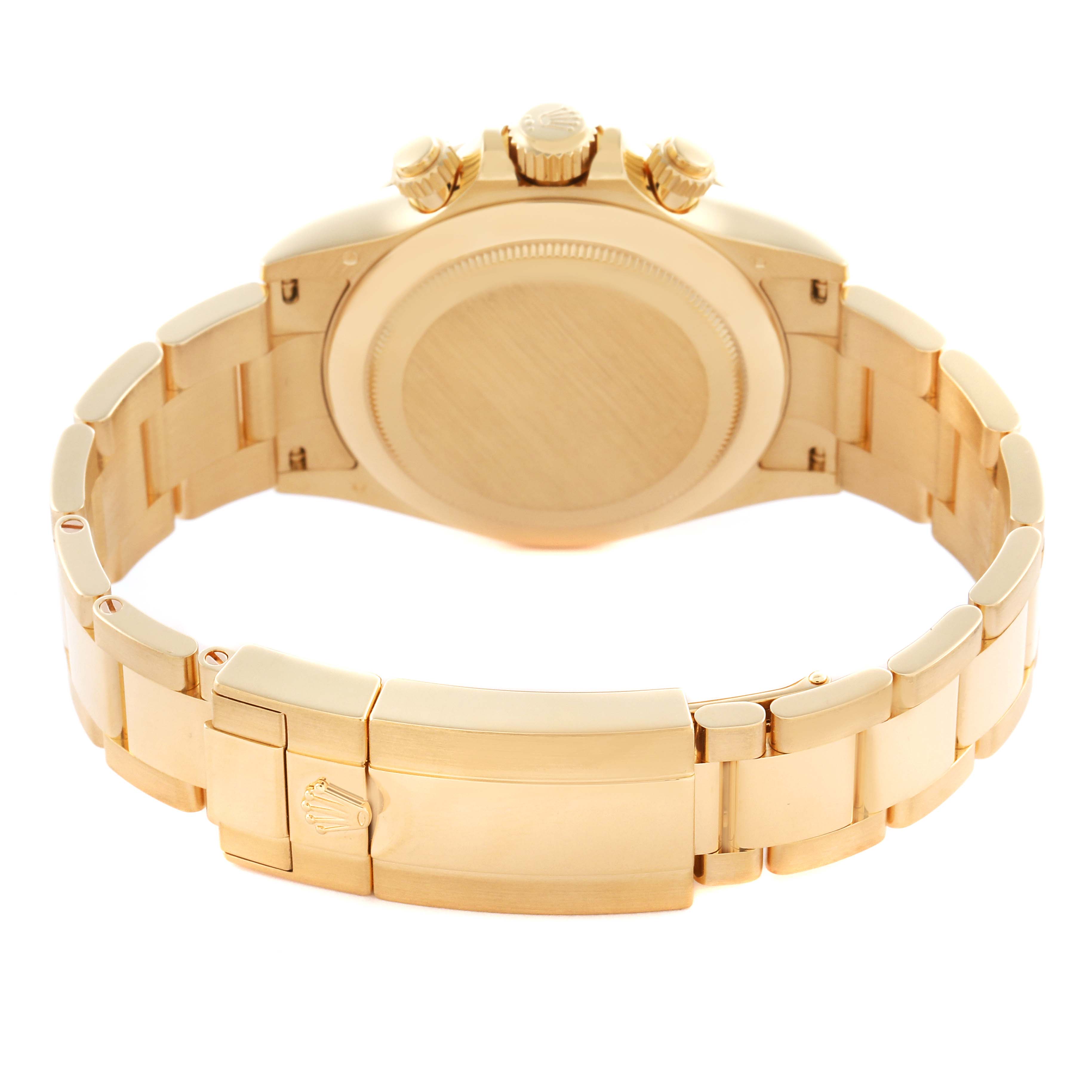 The Rolex Daytona 116508 Men
s Yellow Gold Black Dial 116508 Men
s Yellow Gold Black Dial watch is shown from the back, highlighting the case back, crown, and clasp.