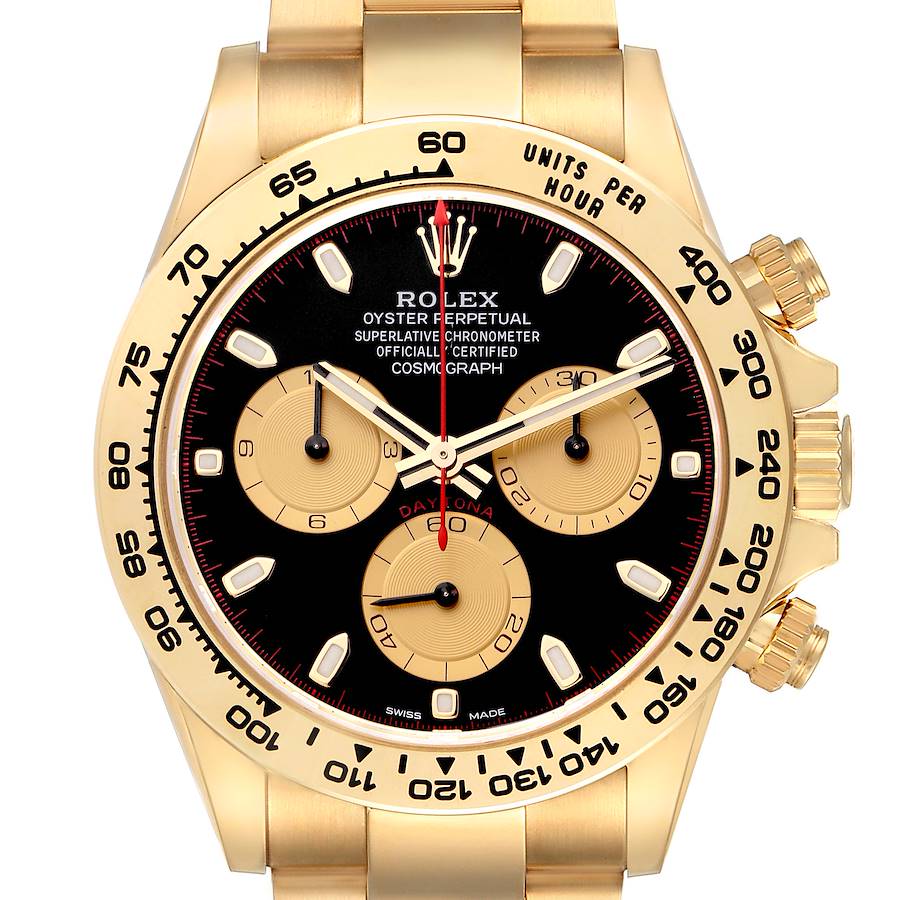 The Rolex Daytona watch is shown from a front angle, highlighting the dial, subdials, bezel, and crown.