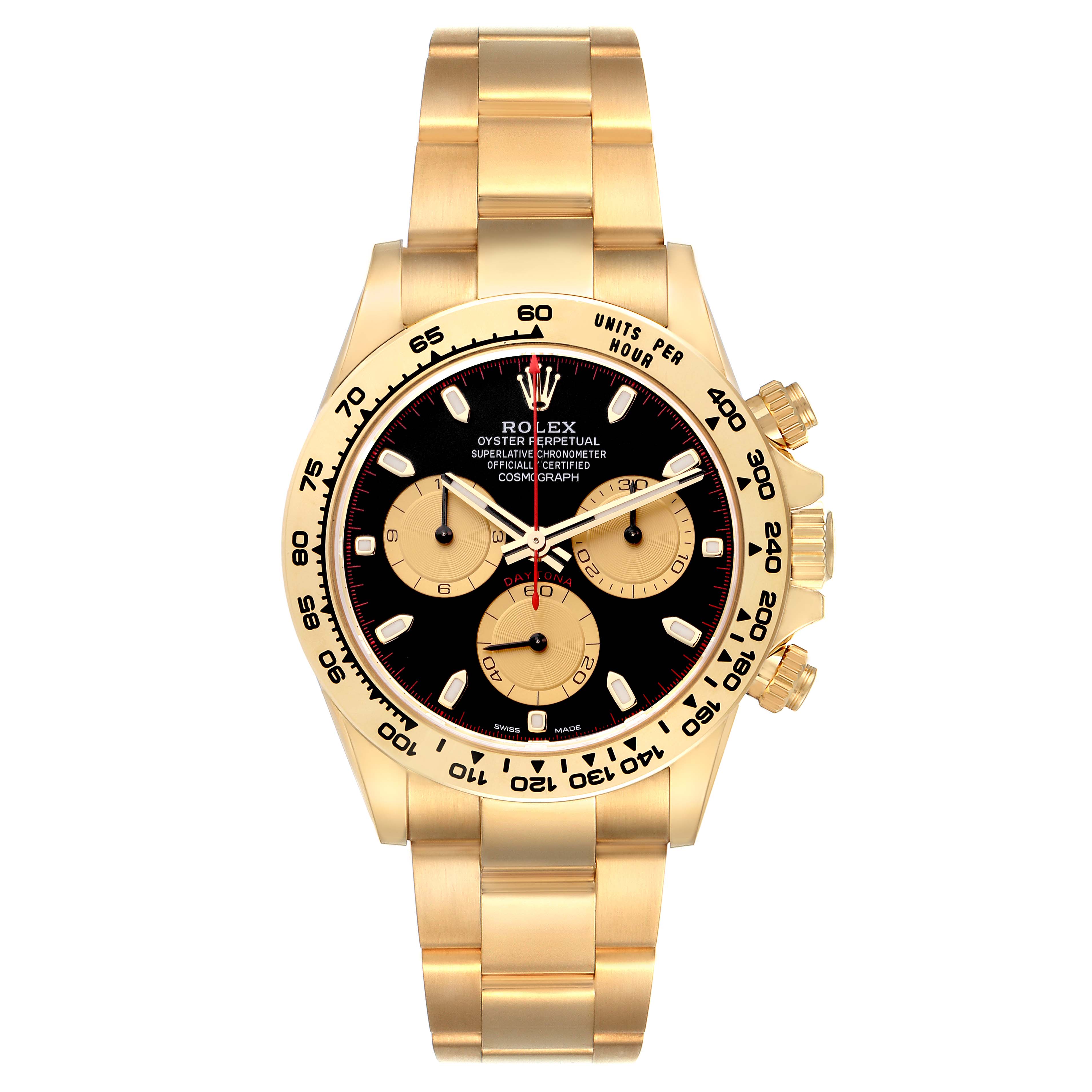 The Rolex Daytona 116508 Men
s Yellow Gold Black Dial 116508 Men
s Yellow Gold Black Dial is shown from the front, highlighting its gold bracelet, black dial, and gold subdials with tachymetric scale.