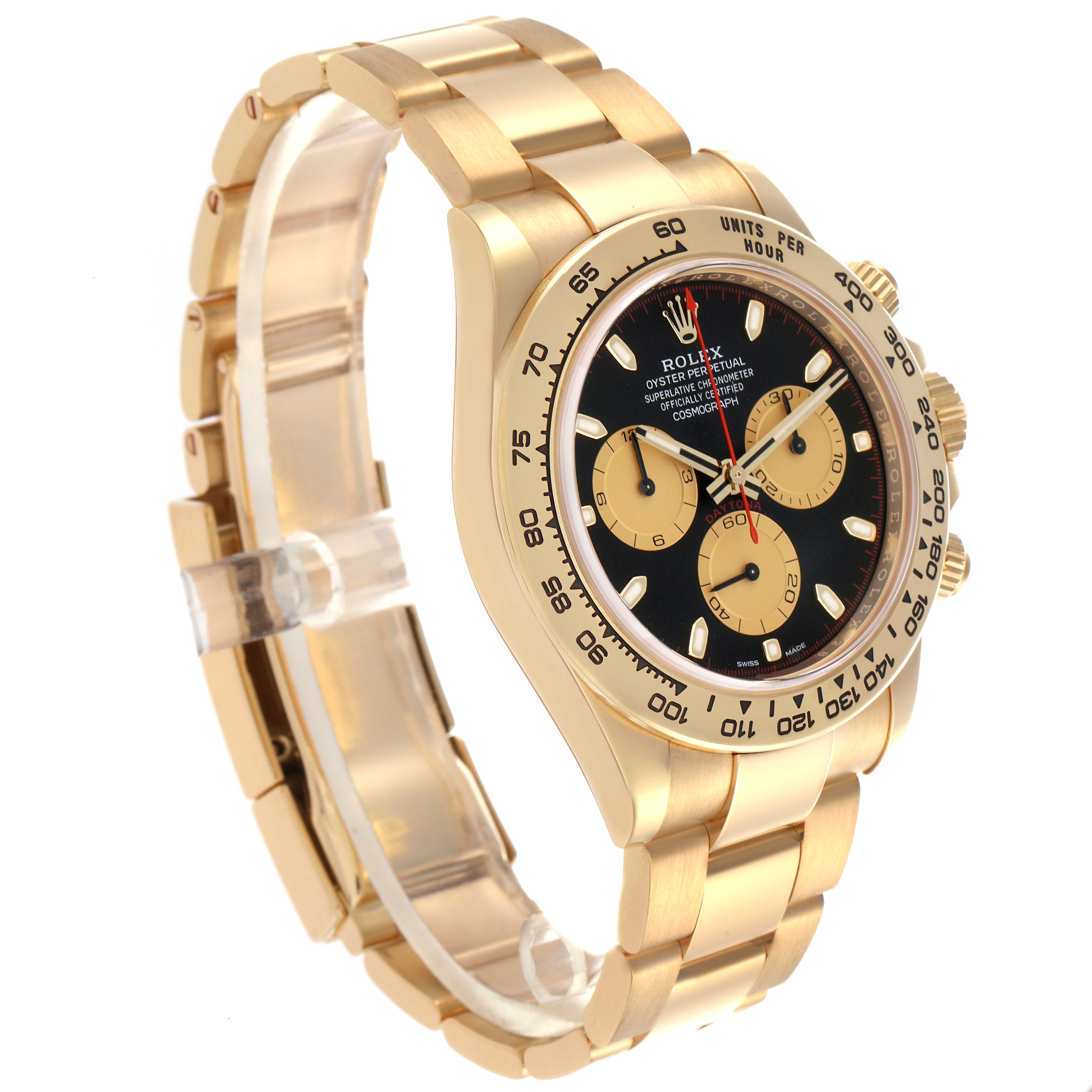 The Rolex Daytona 116508 Men
s Yellow Gold Black Dial 116508 Men
s Yellow Gold Black Dial watch is shown from a front-left angle, highlighting the dial, bezel, and bracelet.