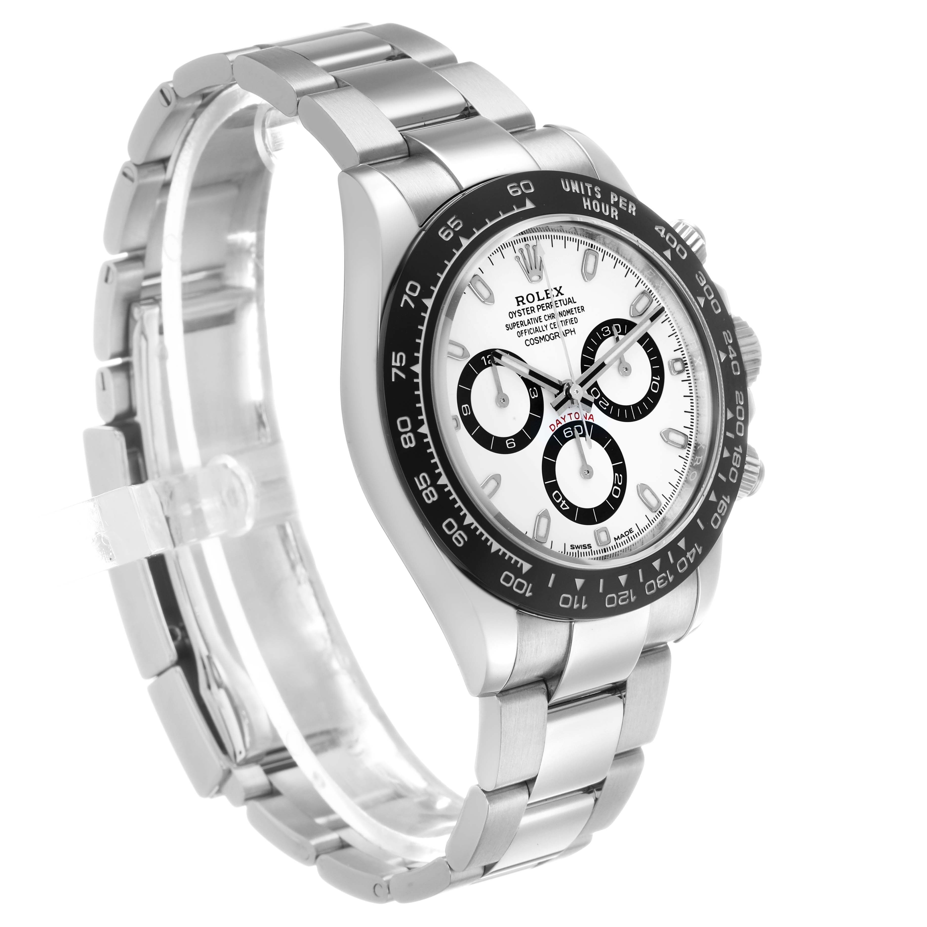 The Rolex Daytona 116500LN Men's Stainless Steel White Dial watch is shown at a three-quarter angle, highlighting the bracelet, bezel, and face with sub-dials visible.